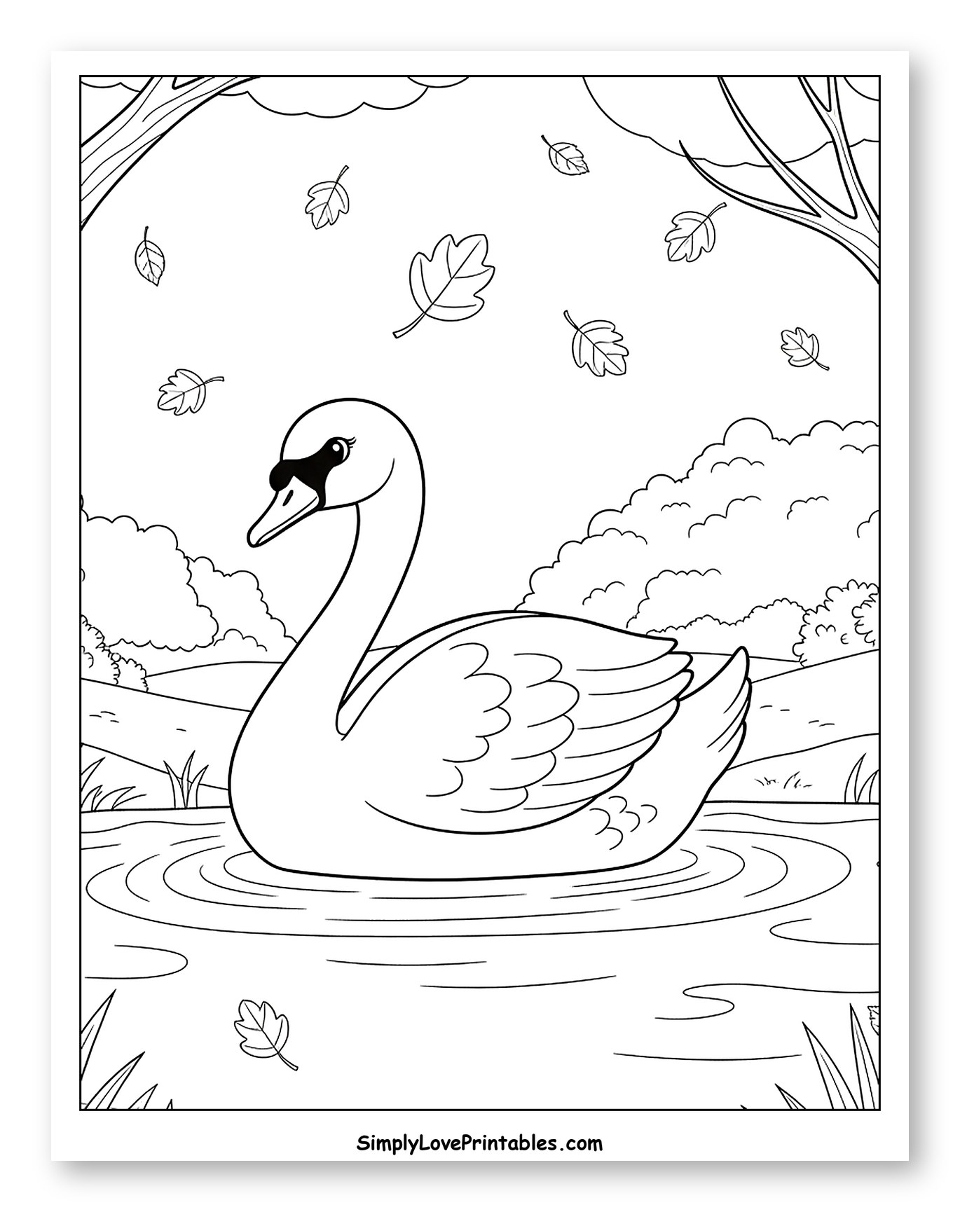 Graceful Swan on a Pond with Autumn Leaves