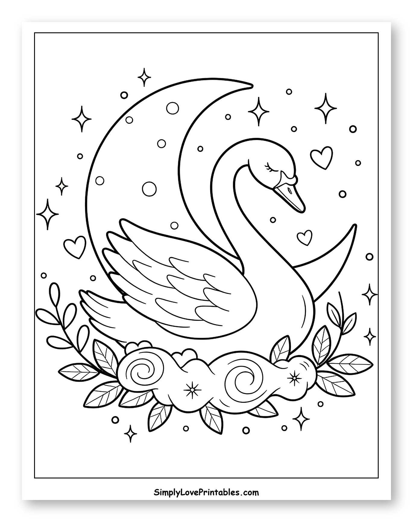 Graceful Swan on Moon with Stars and Foliage to Color for Adults