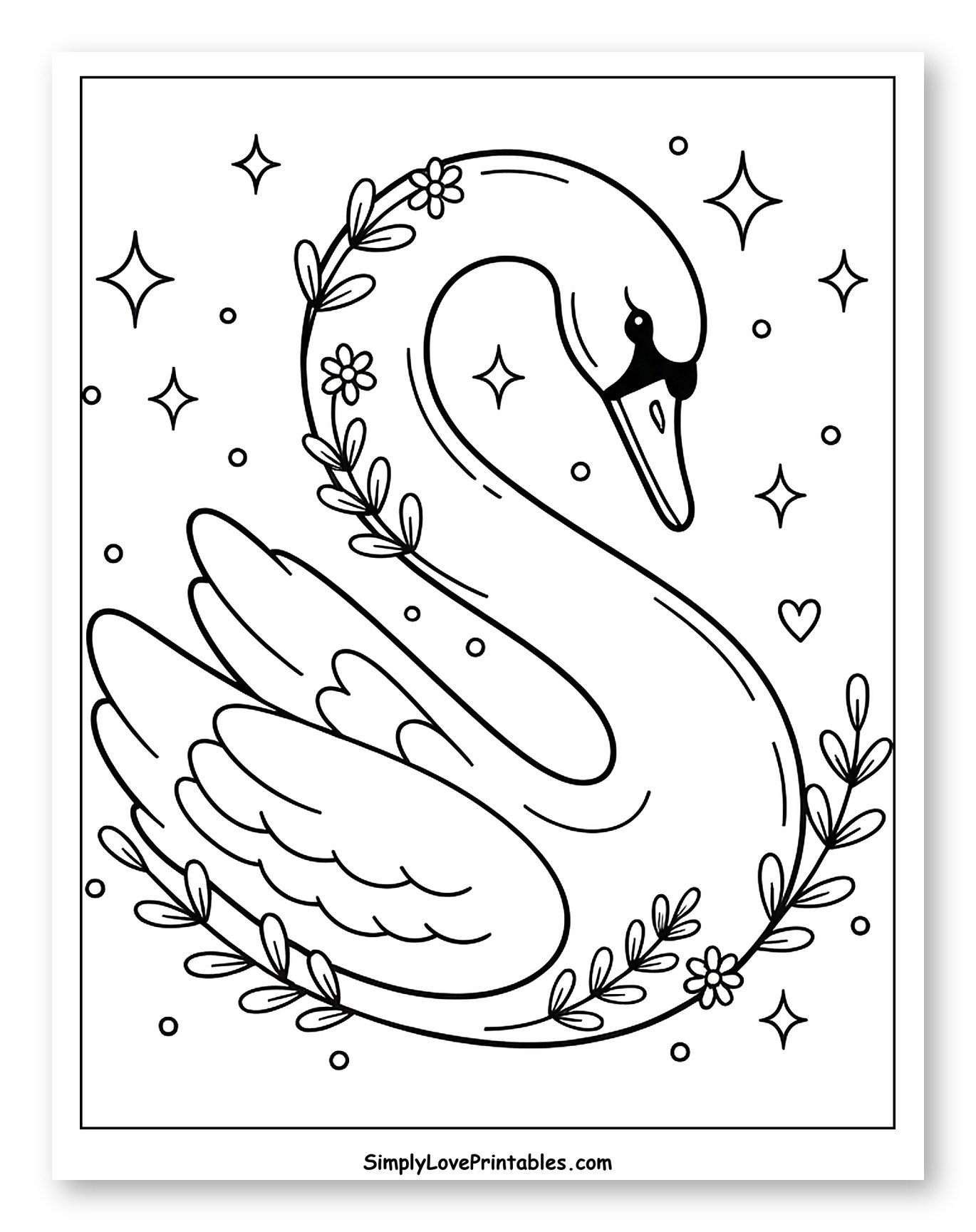 Graceful Swan with Flowers and Shimmering Stars