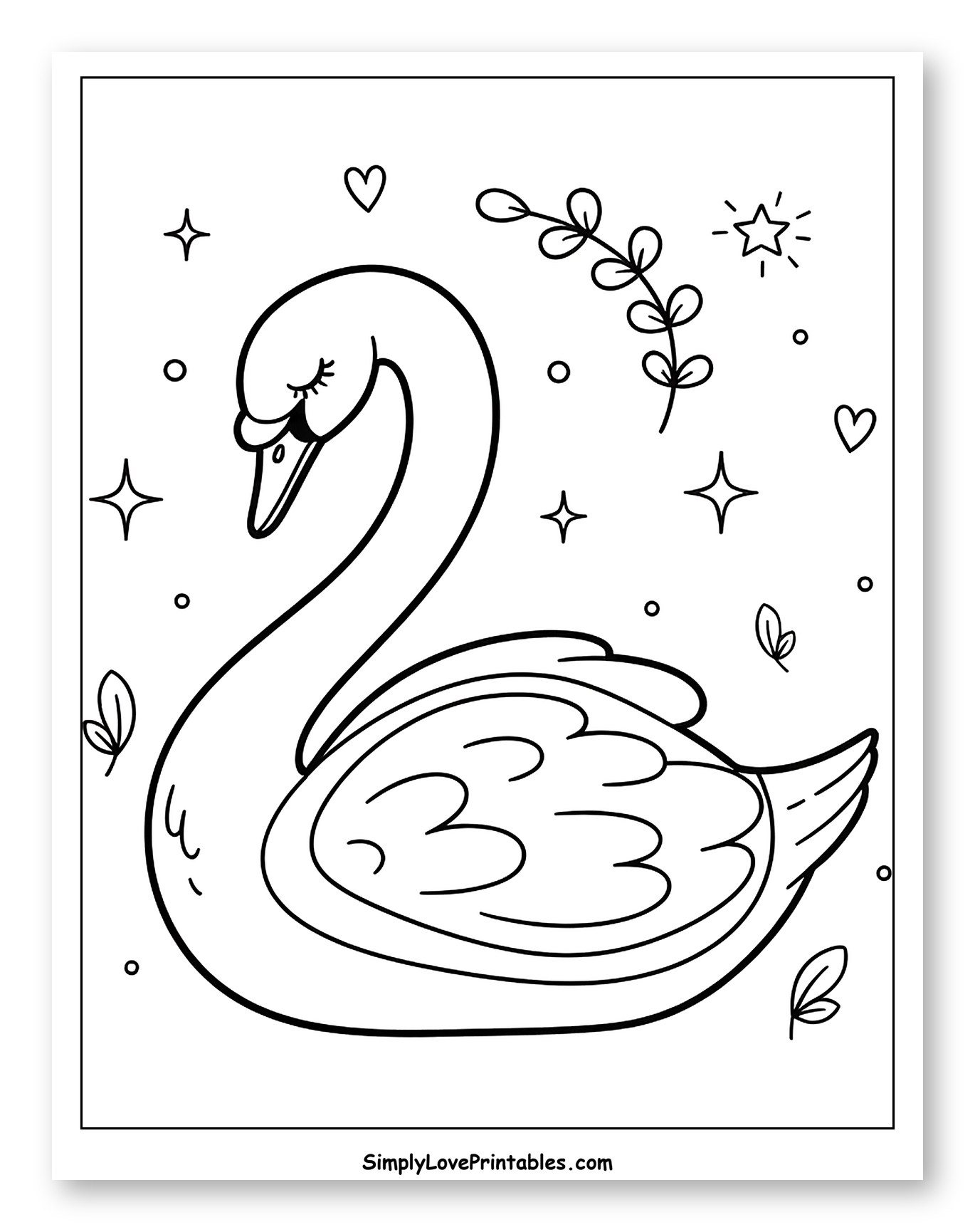 Graceful Swan with Stars and Leaves Coloring Page for Adults