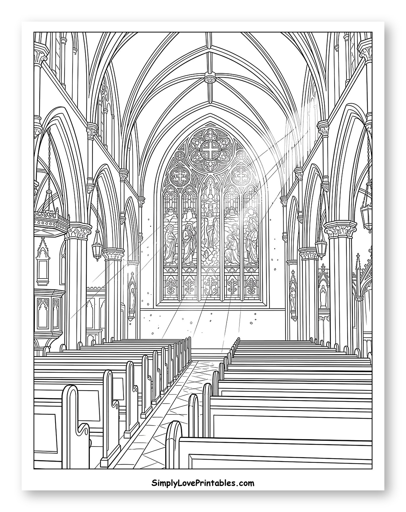 Grand Church Aisle with Sunlight through Stained Glass Coloring Sheet