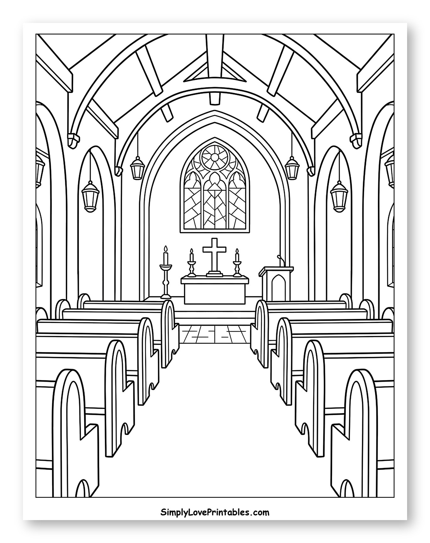 Grand Church Interior with Stained Glass Window Coloring Sheet for Kids