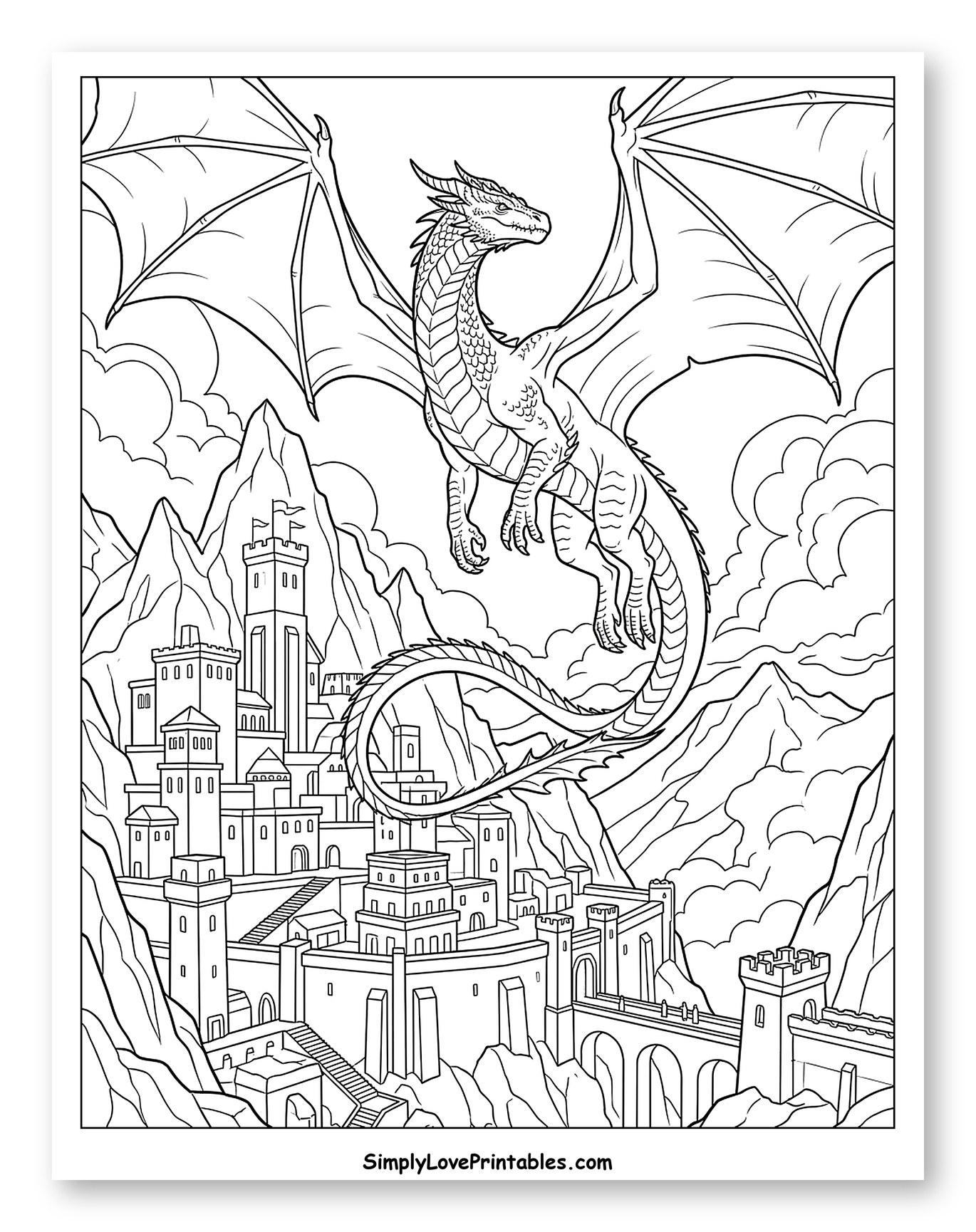 Grand Dragon Soaring Above a Fortified Mountain City