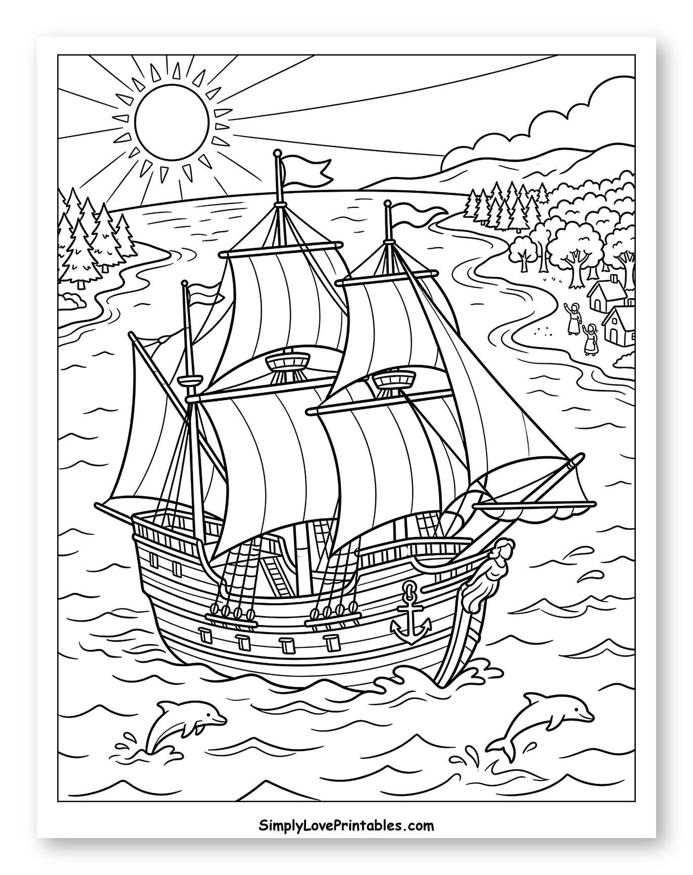Grand Ship Sailing by Shore and Village