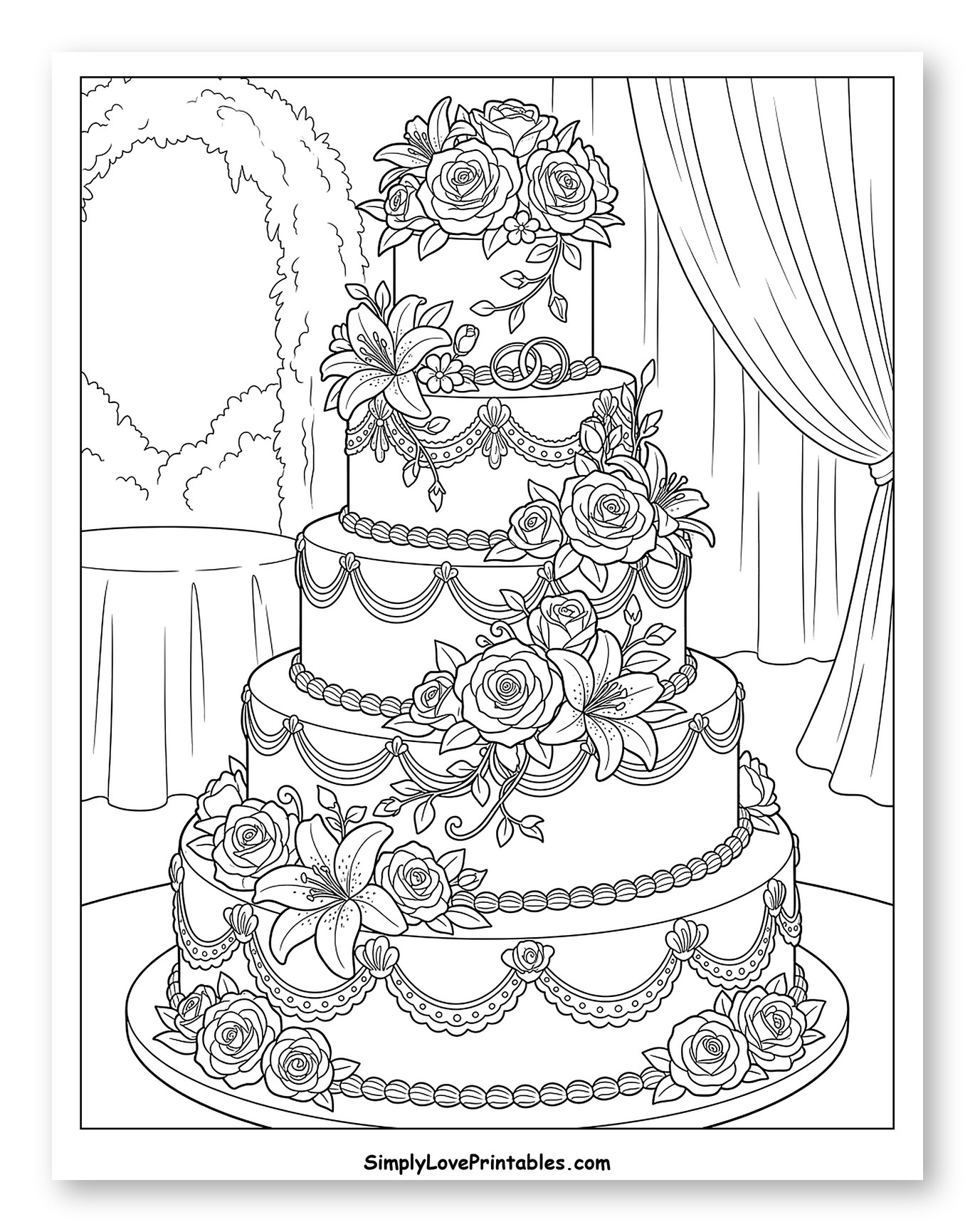 Grand Wedding Cake with Roses and Lilies Coloring Sheet
