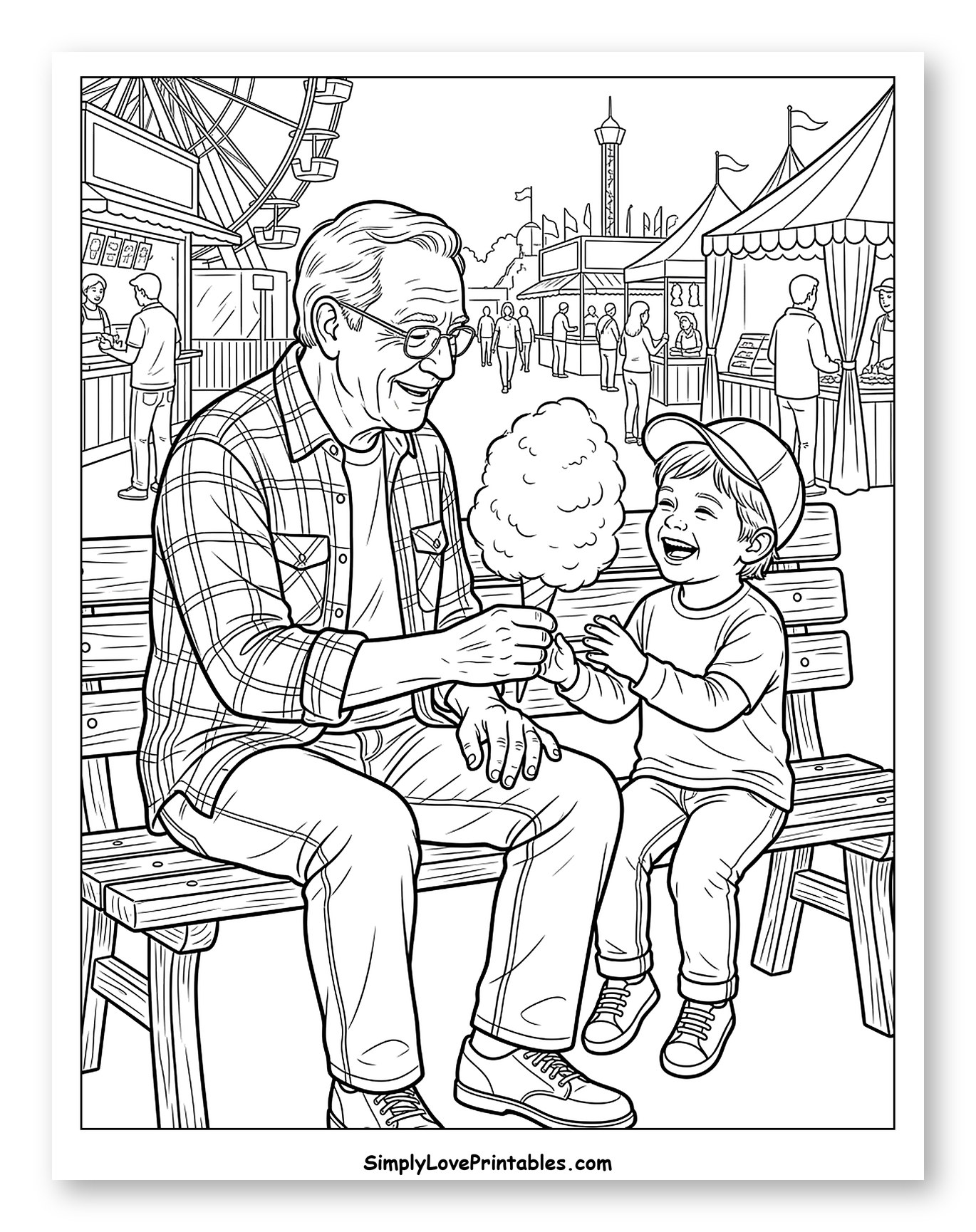 Grandfather Giving Cotton Candy to Grandchild Coloring Sheet