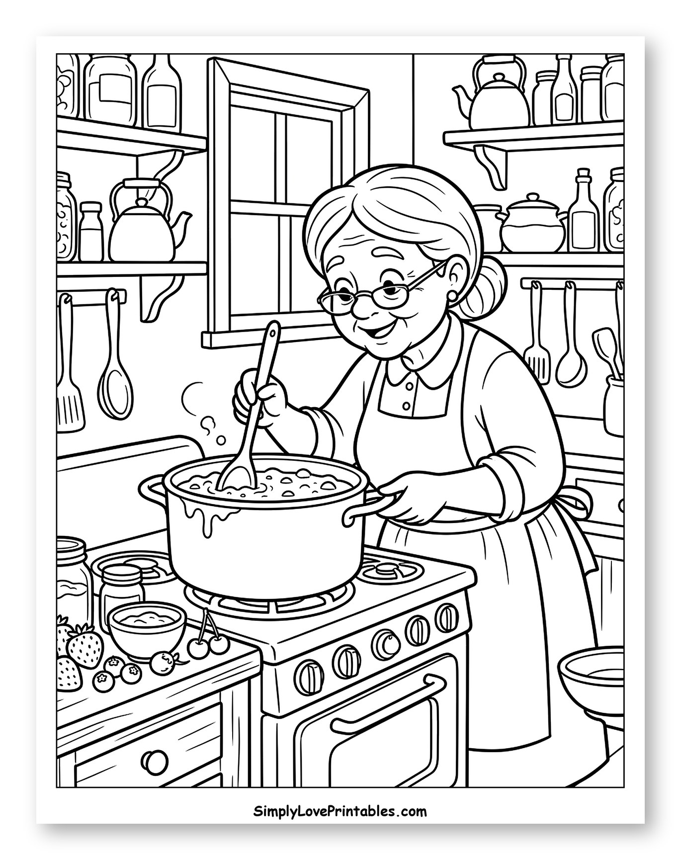 Grandma Making Jam in Kitchen Coloring Page for Kids