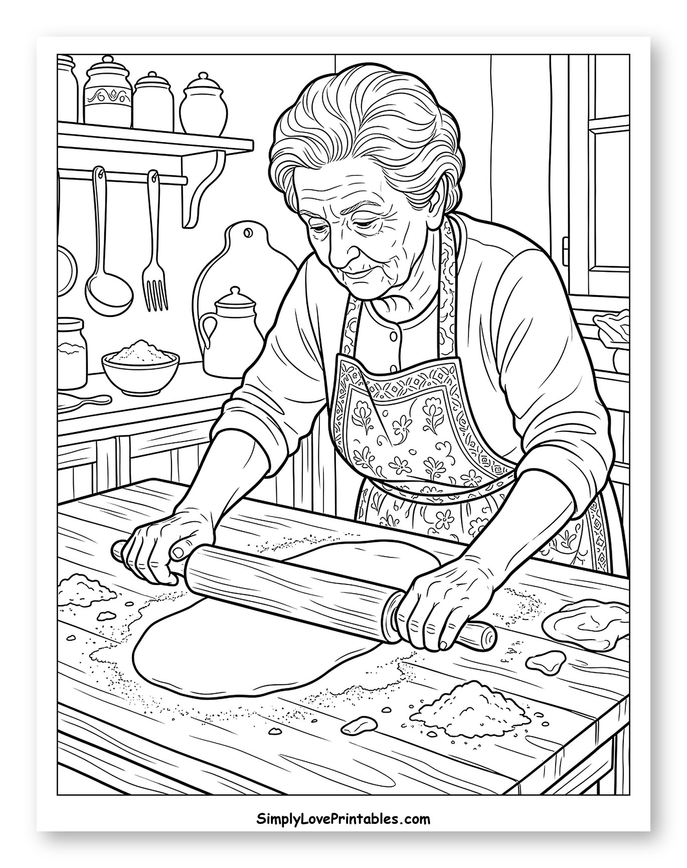 Grandma Rolling Pasta Dough in Kitchen