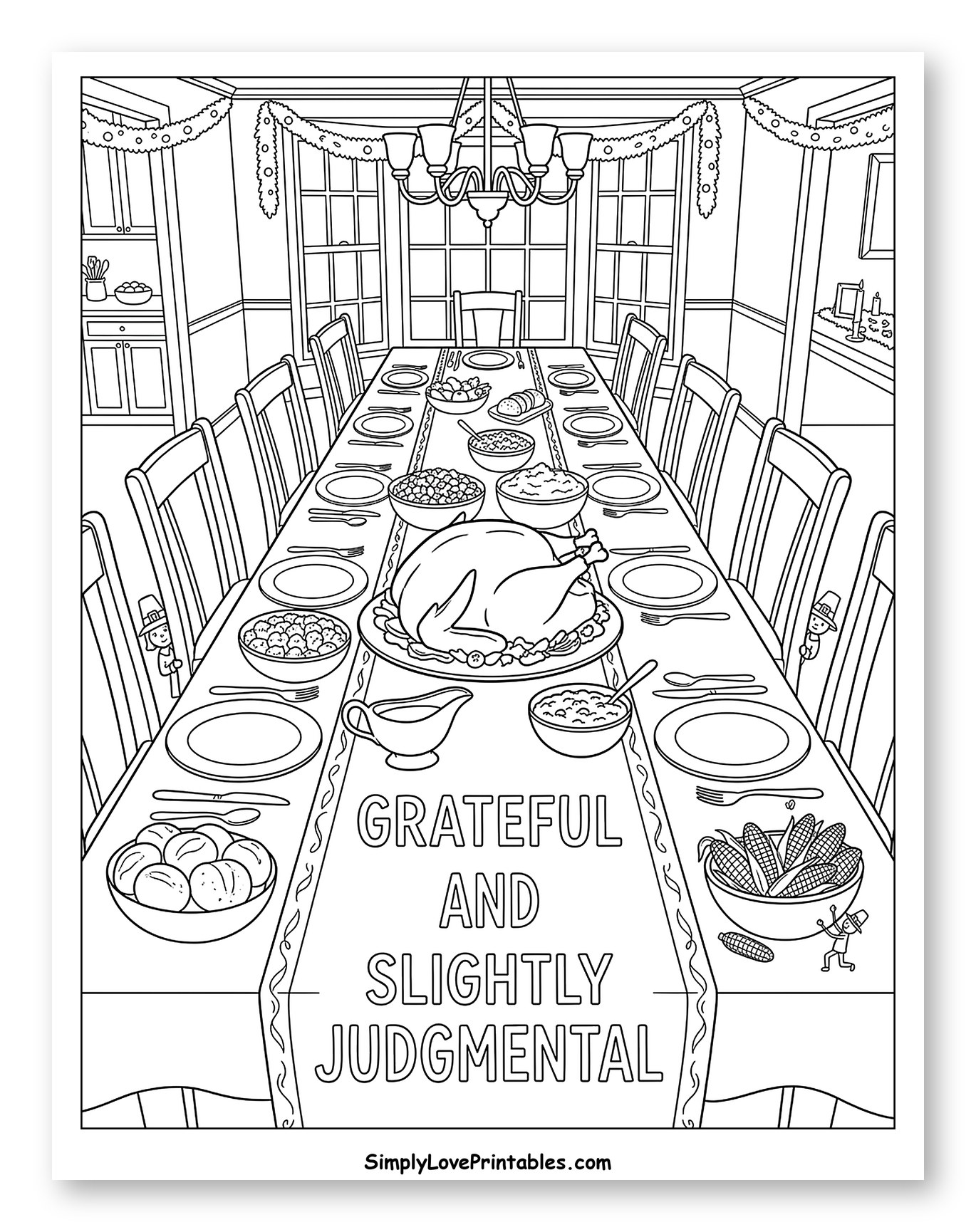 Grateful and Slightly Judgmental Thanksgiving Feast Coloring Sheet