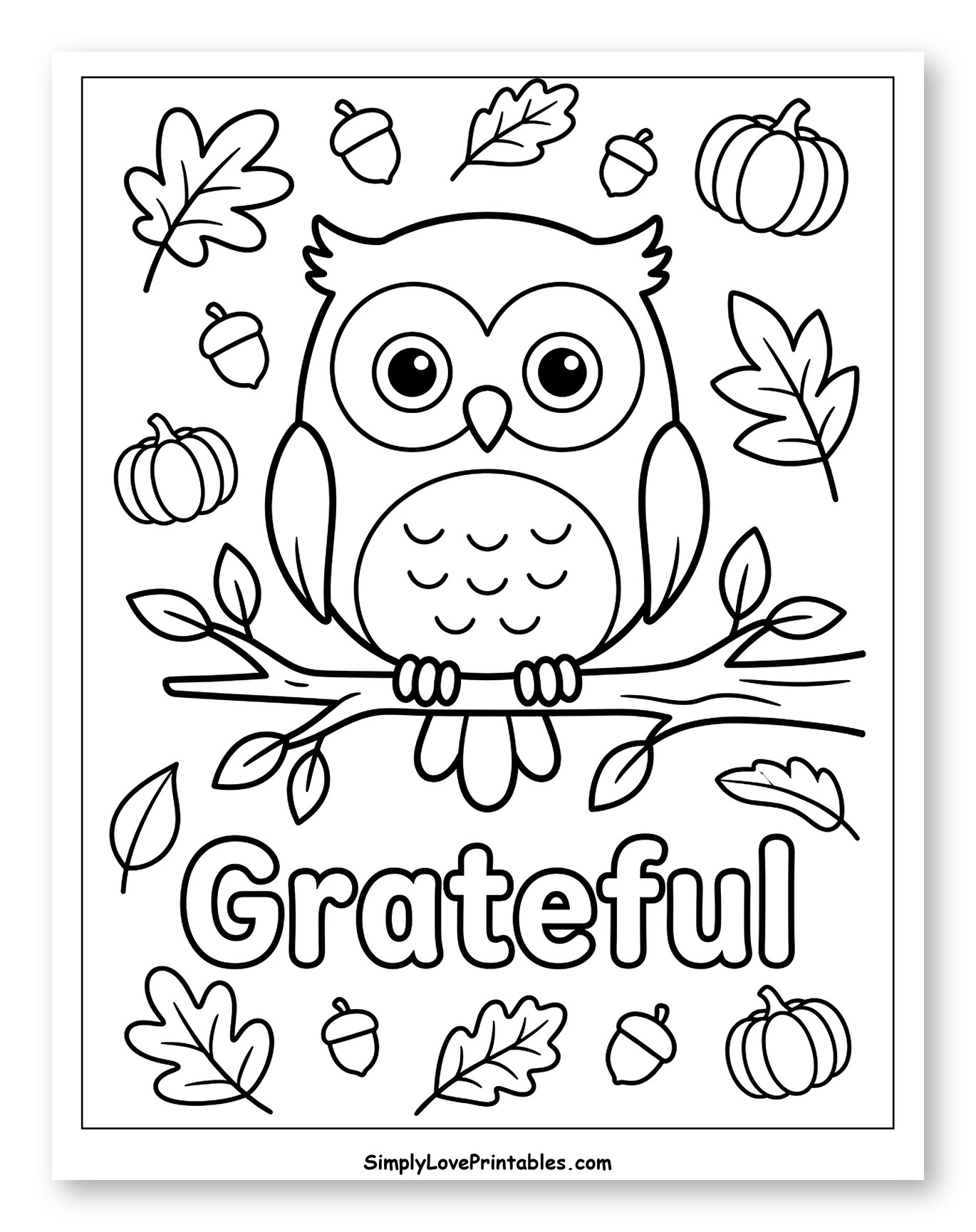 Grateful Autumn Owl Perched on a Branch Coloring Page for Toddlers