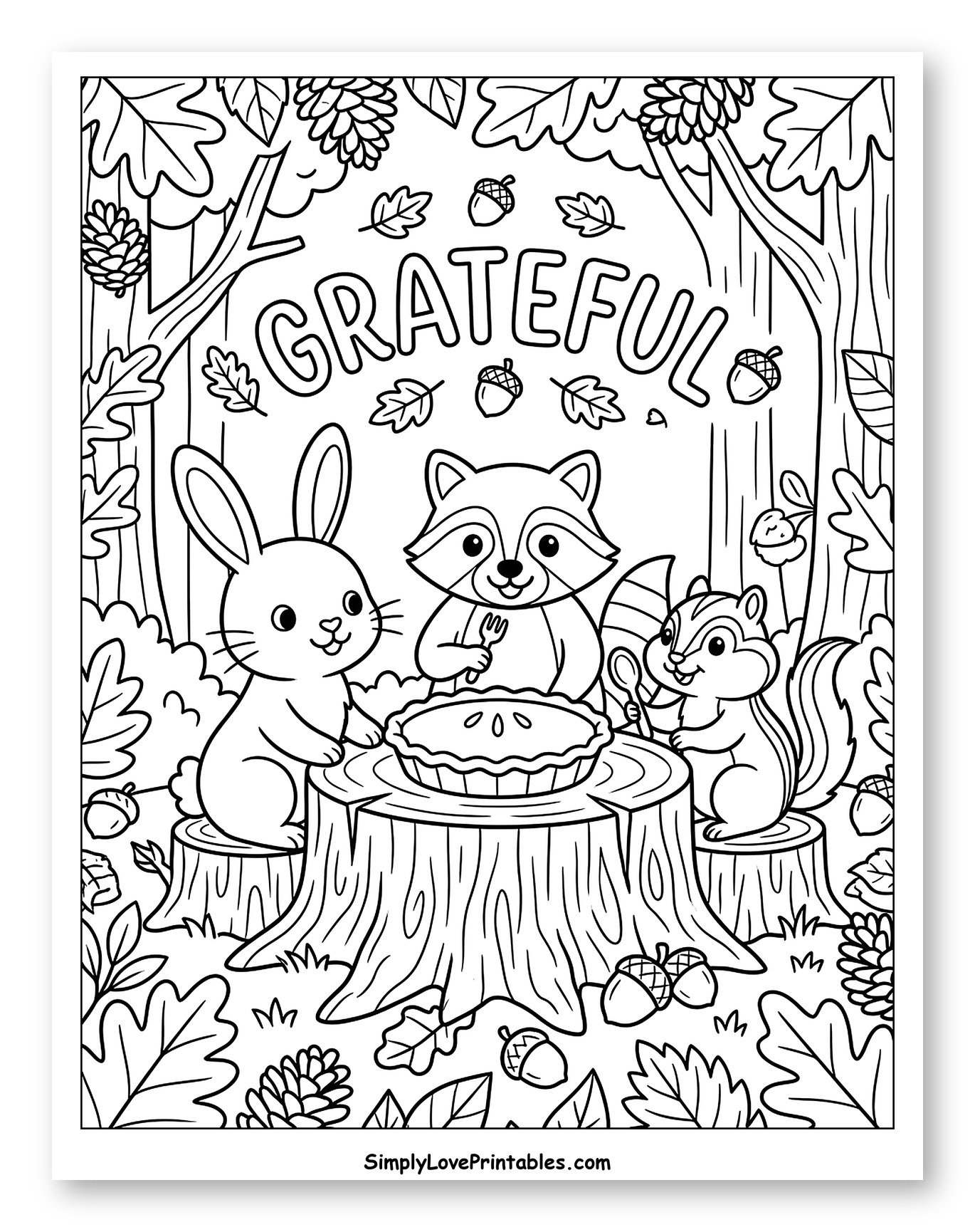 Grateful Forest Animals Sharing Autumn Pie to Color for Kids