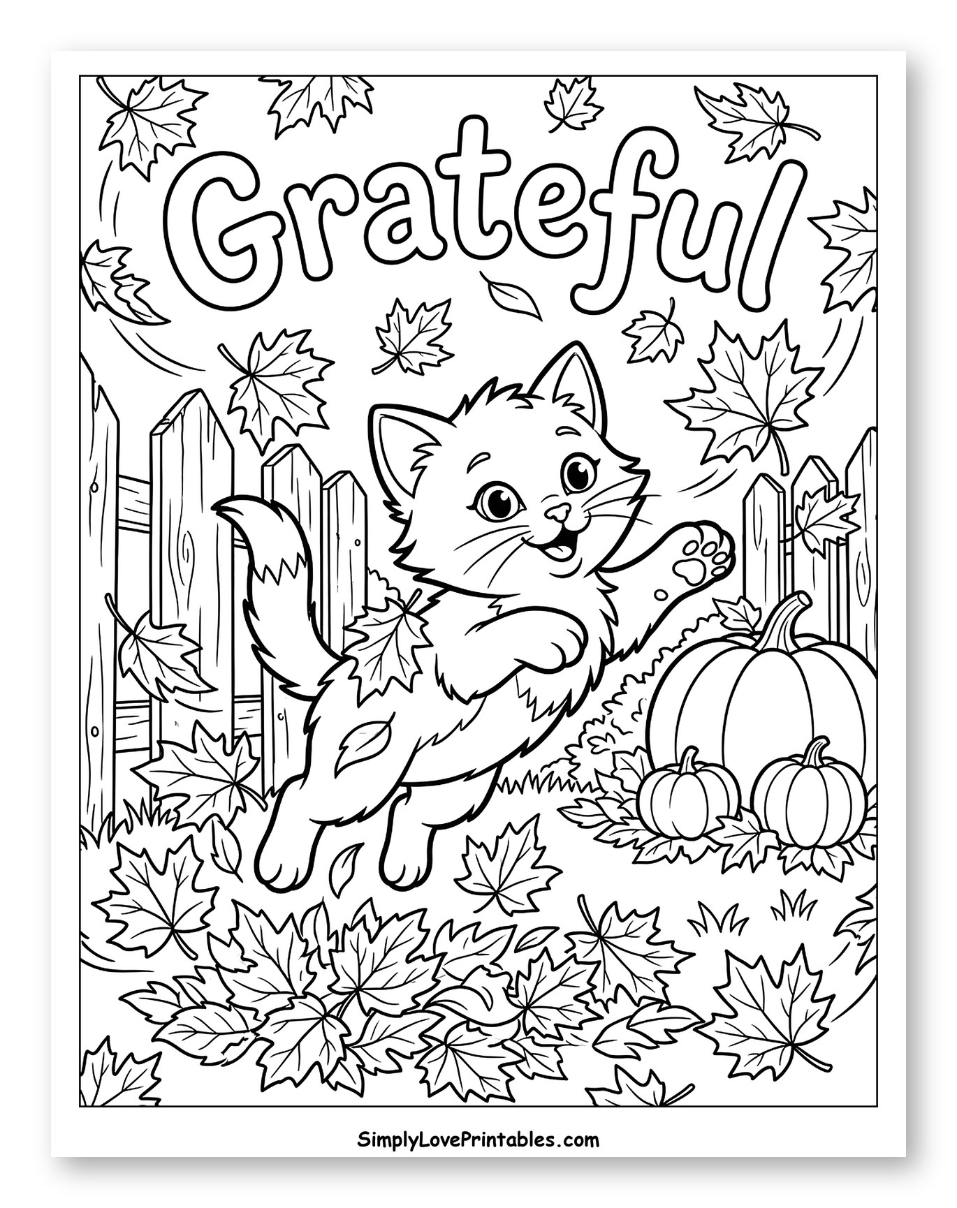 Grateful Kitten Jumping in Autumn Leaves Coloring Page for Kids