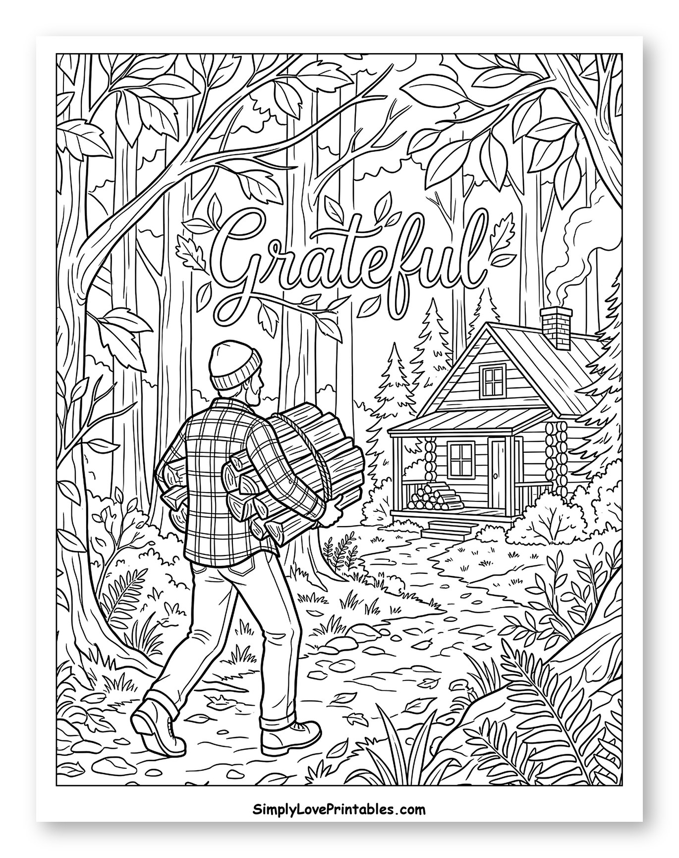 Grateful Man Carrying Firewood to Cozy Cabin Coloring Sheet