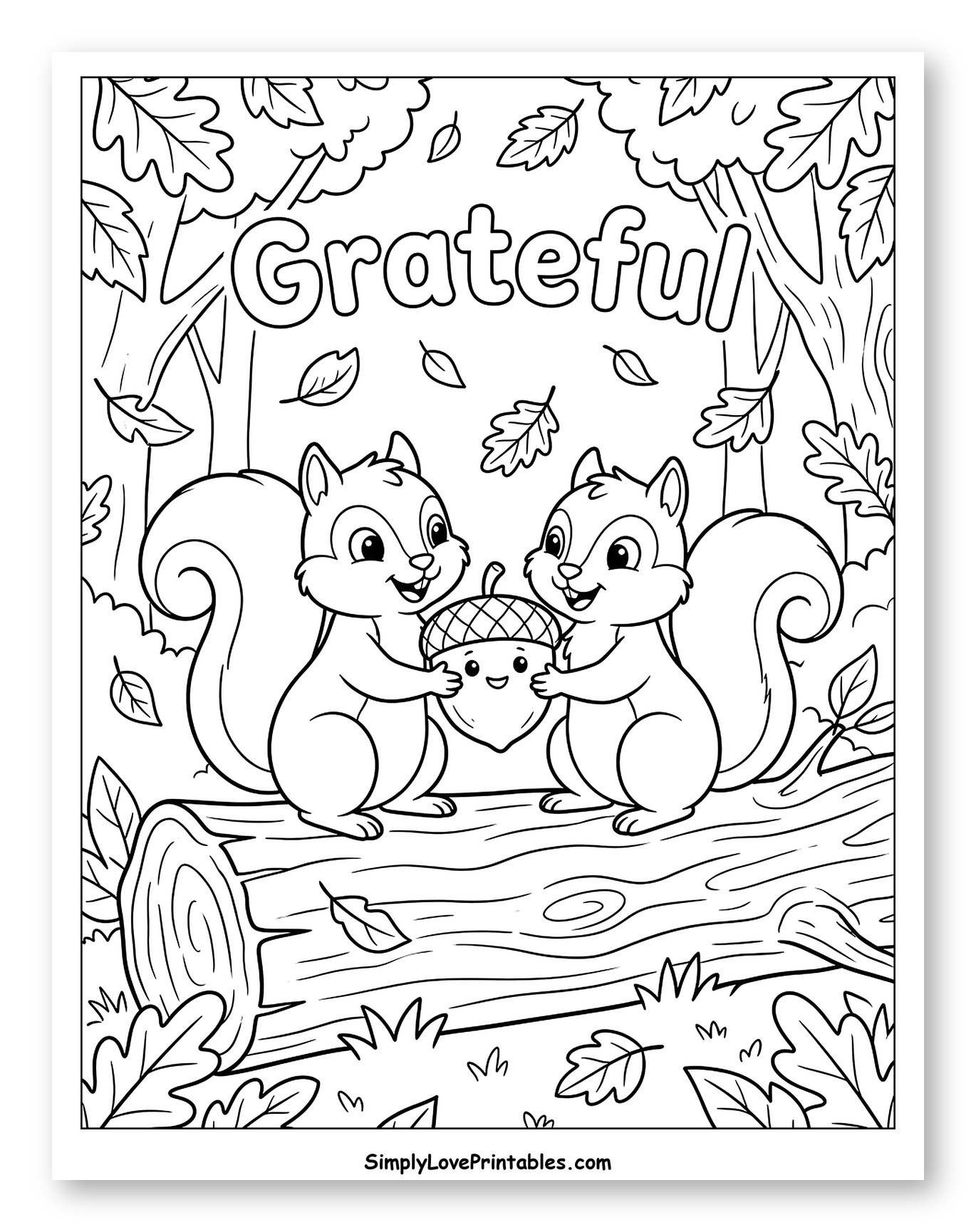 Grateful Squirrels Sharing a Smiling Acorn Coloring Page for Kids
