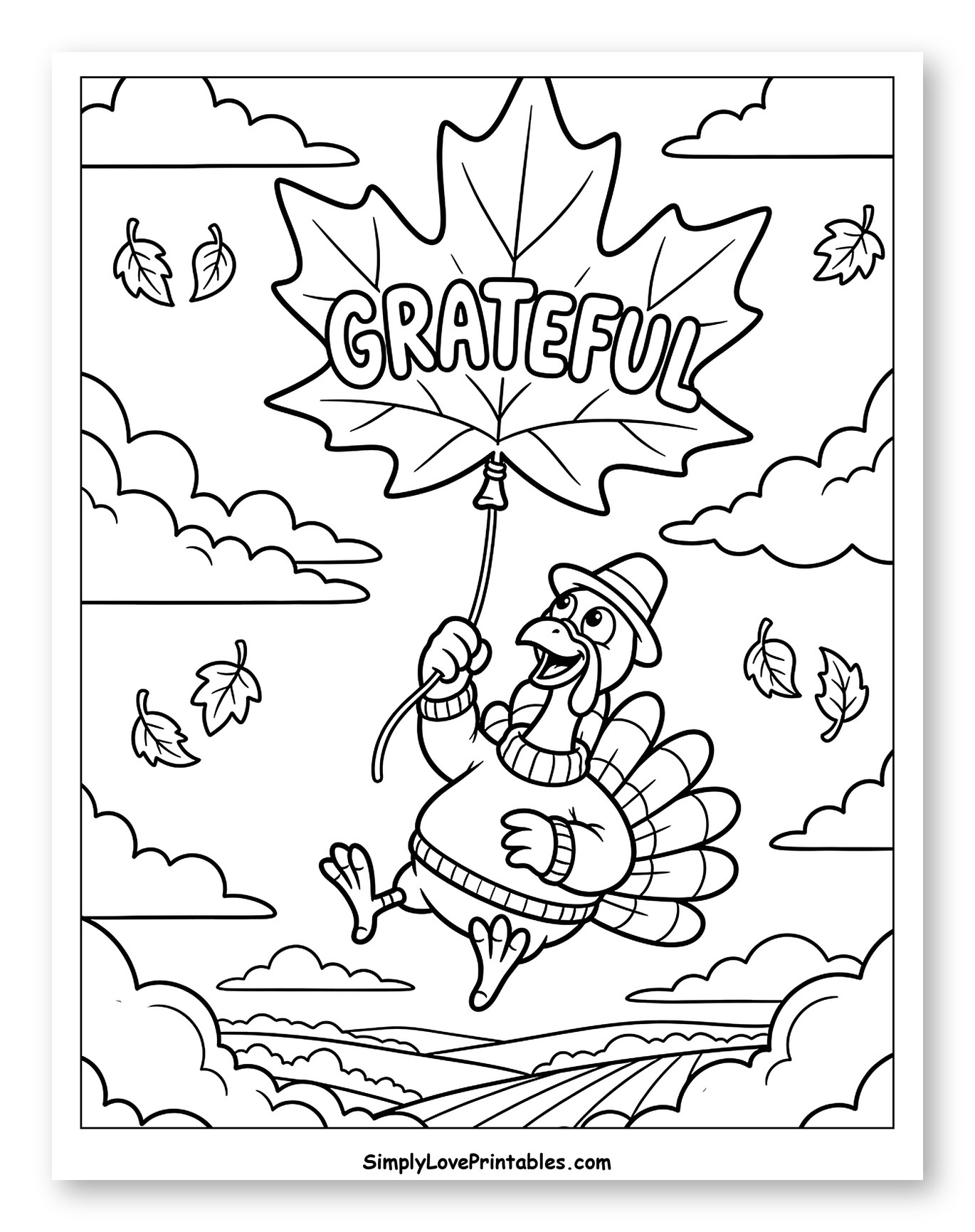 Grateful Turkey Floating with a Maple Leaf Balloon