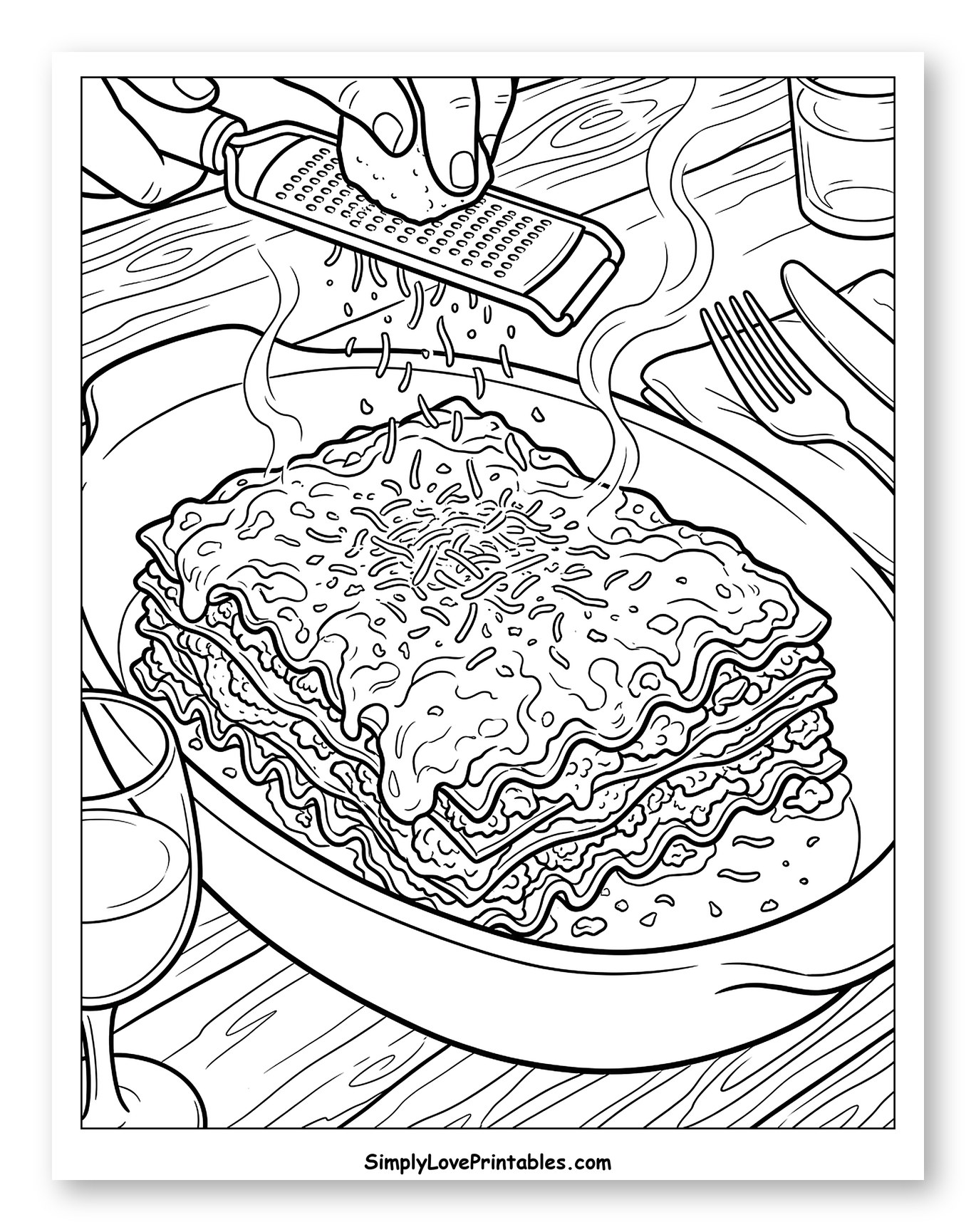 Grating Cheese Over Hot Lasagna Dinner Coloring Sheet