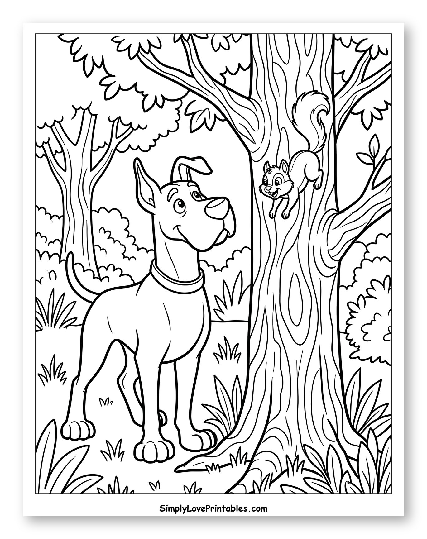 Great Dane Dog in Forest with Squirrel Coloring Sheet for Kids