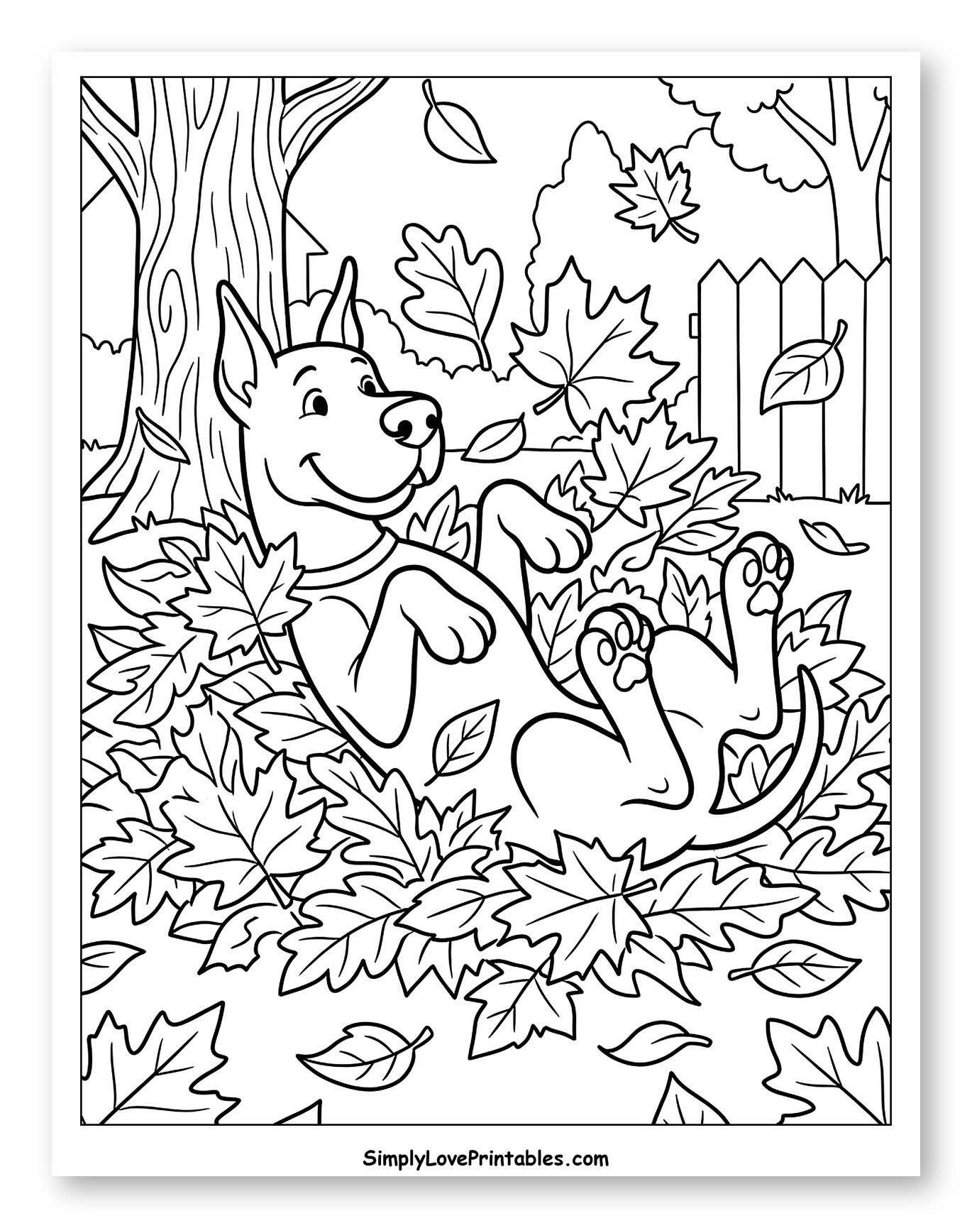 Great Dane Rolling in Autumn Foliage to Color for Kids