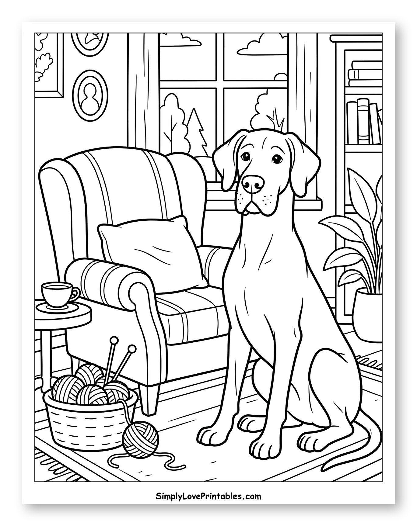 Great Dane Sitting in Cozy Living Room to Color for Kids
