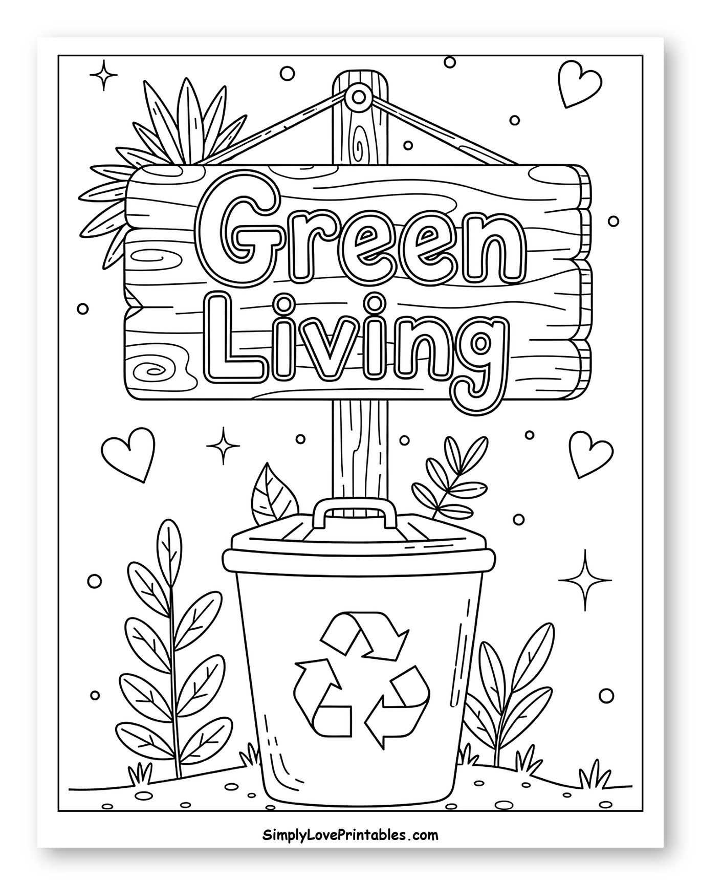 Green Living Sign and Recycling Bin Coloring Sheet for Adults