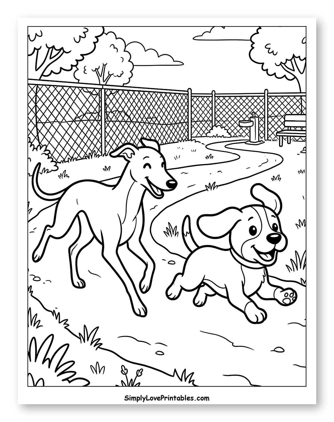Greyhound and Puppy Playing at the Park Coloring Page for Kids