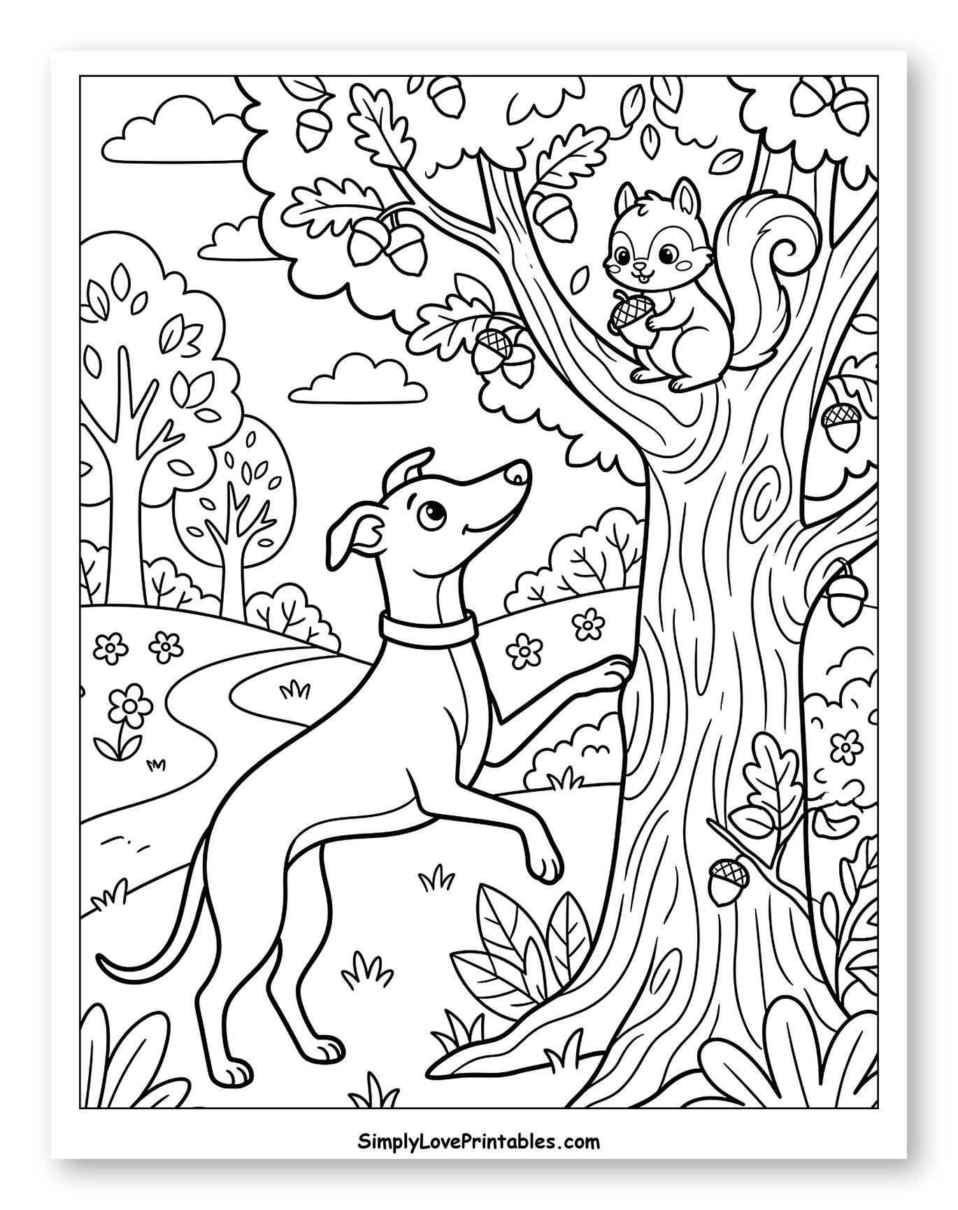Greyhound and Squirrel in an Oak Tree to Color for Kids