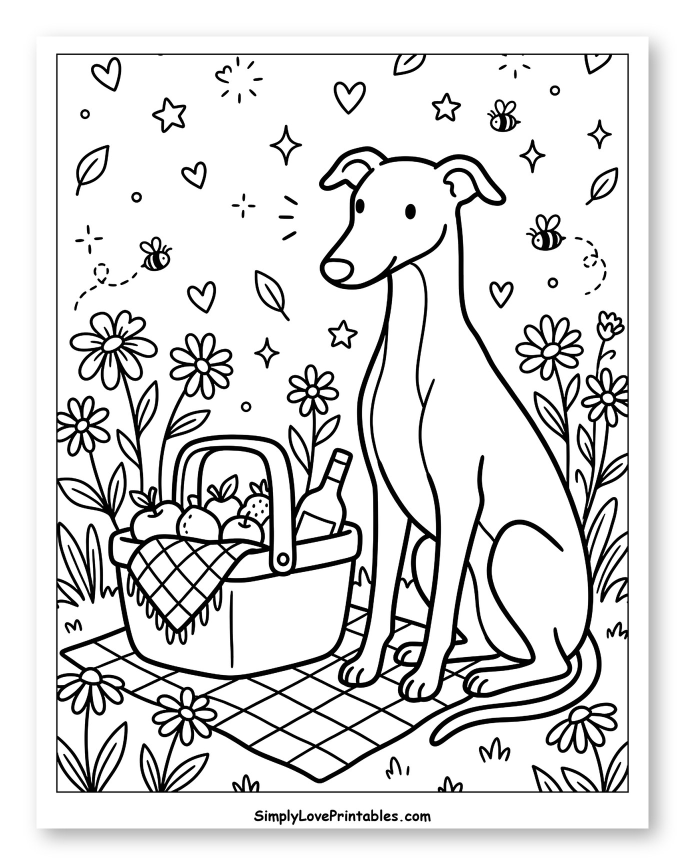 Greyhound Dog at a Picnic with Flowers Coloring Sheet for Adults