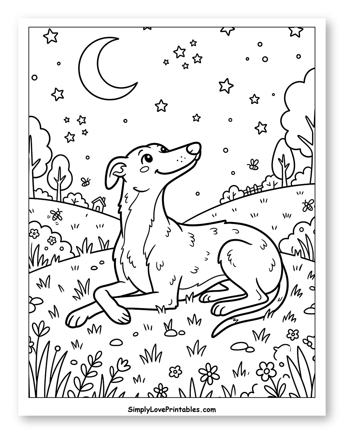 Greyhound Gazing at the Moon and Stars to Color for Kids