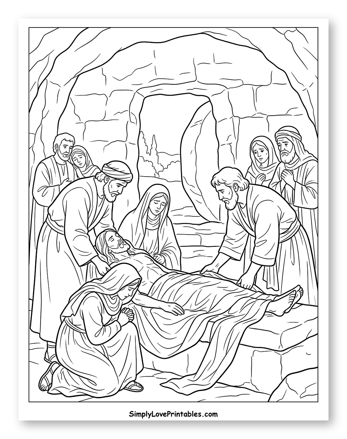 Grieving Figures Lay Jesus in the Tomb to Color