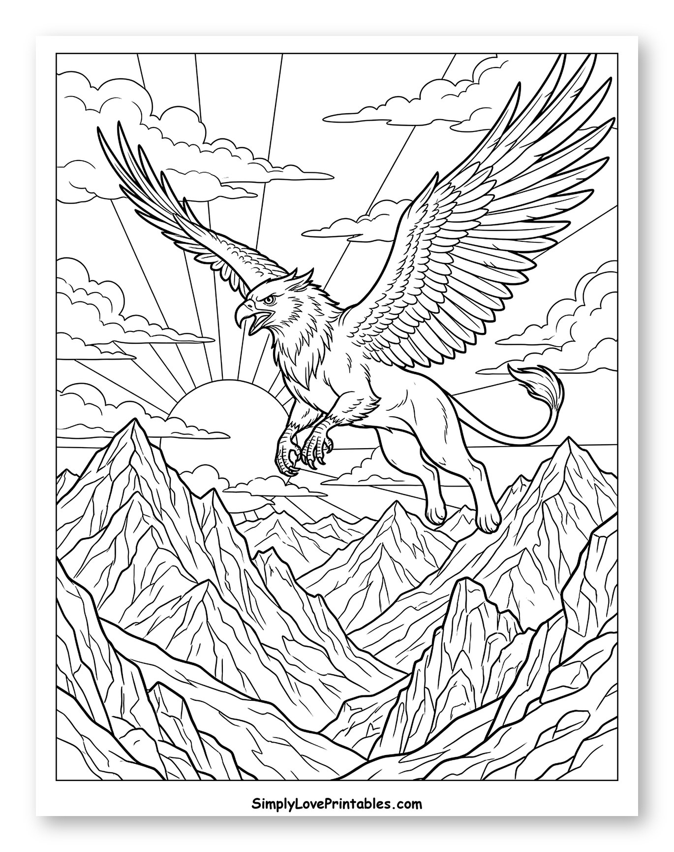 Griffin Soaring Over Mountains with Sunrise