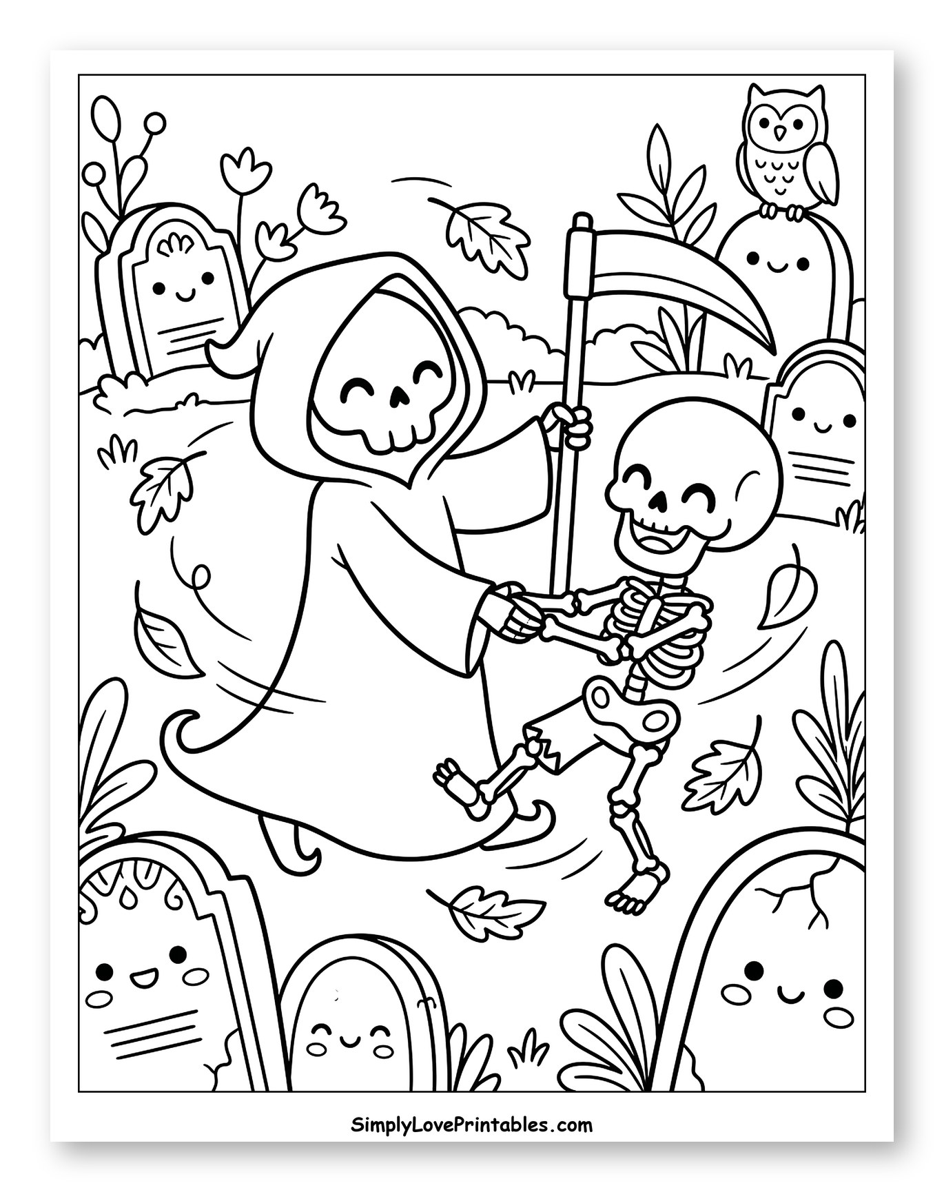Grim Reaper Dancing with Skeleton in Graveyard