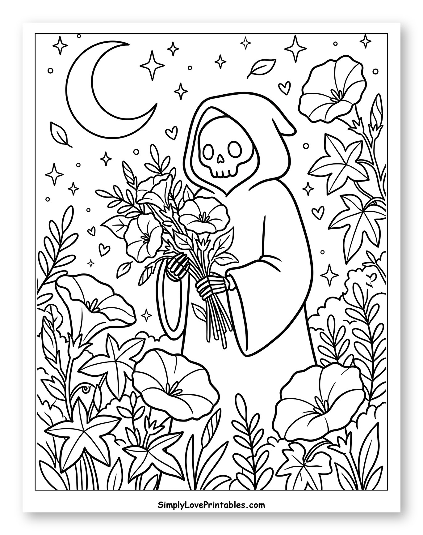 Grim Reaper Gathering Flowers under the Moonlight