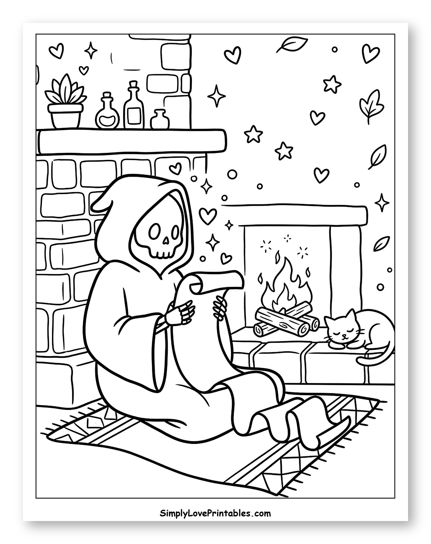 Grim Reaper Reading Scroll by Fireplace with Cat