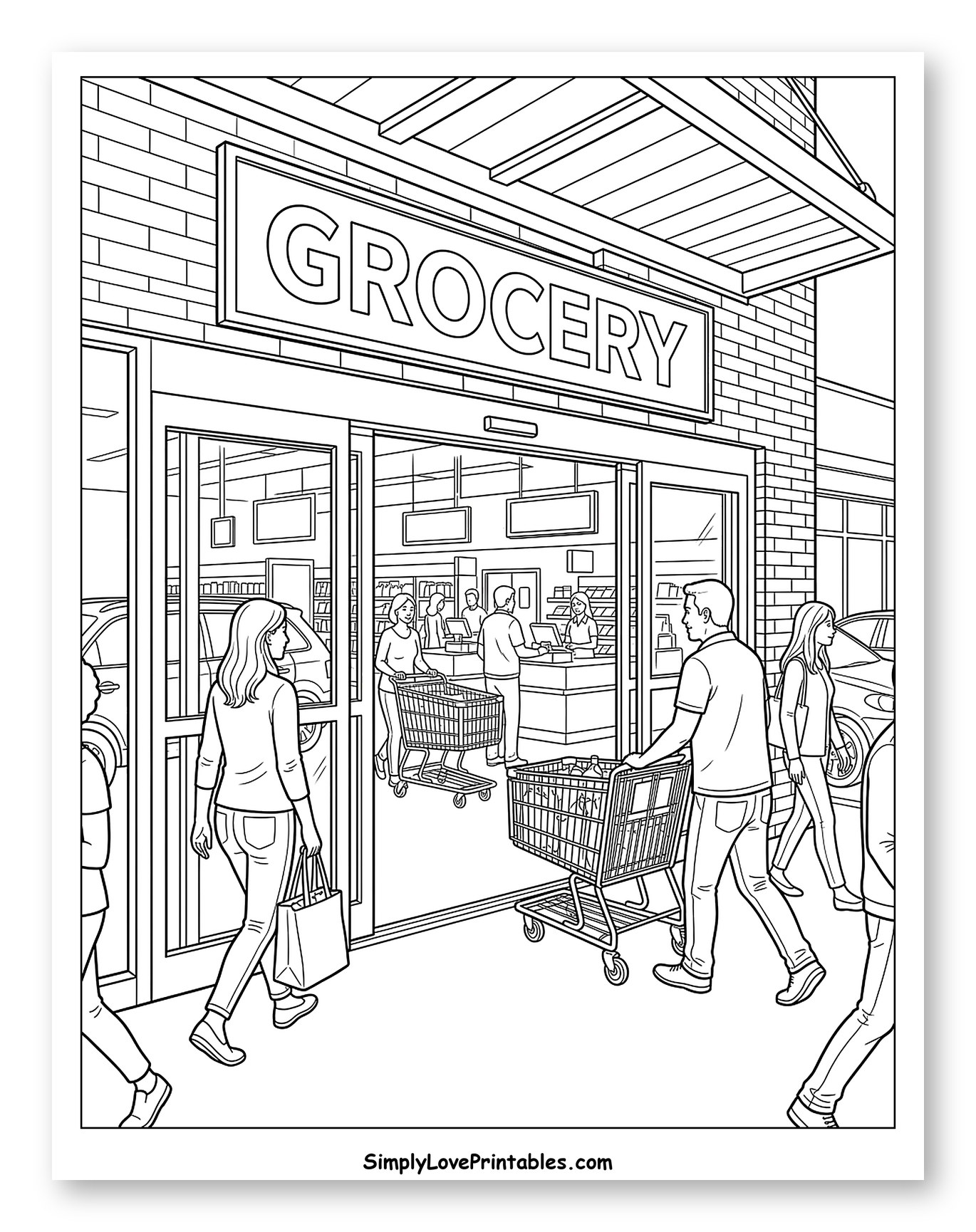 Grocery Store Entrance with Shoppers