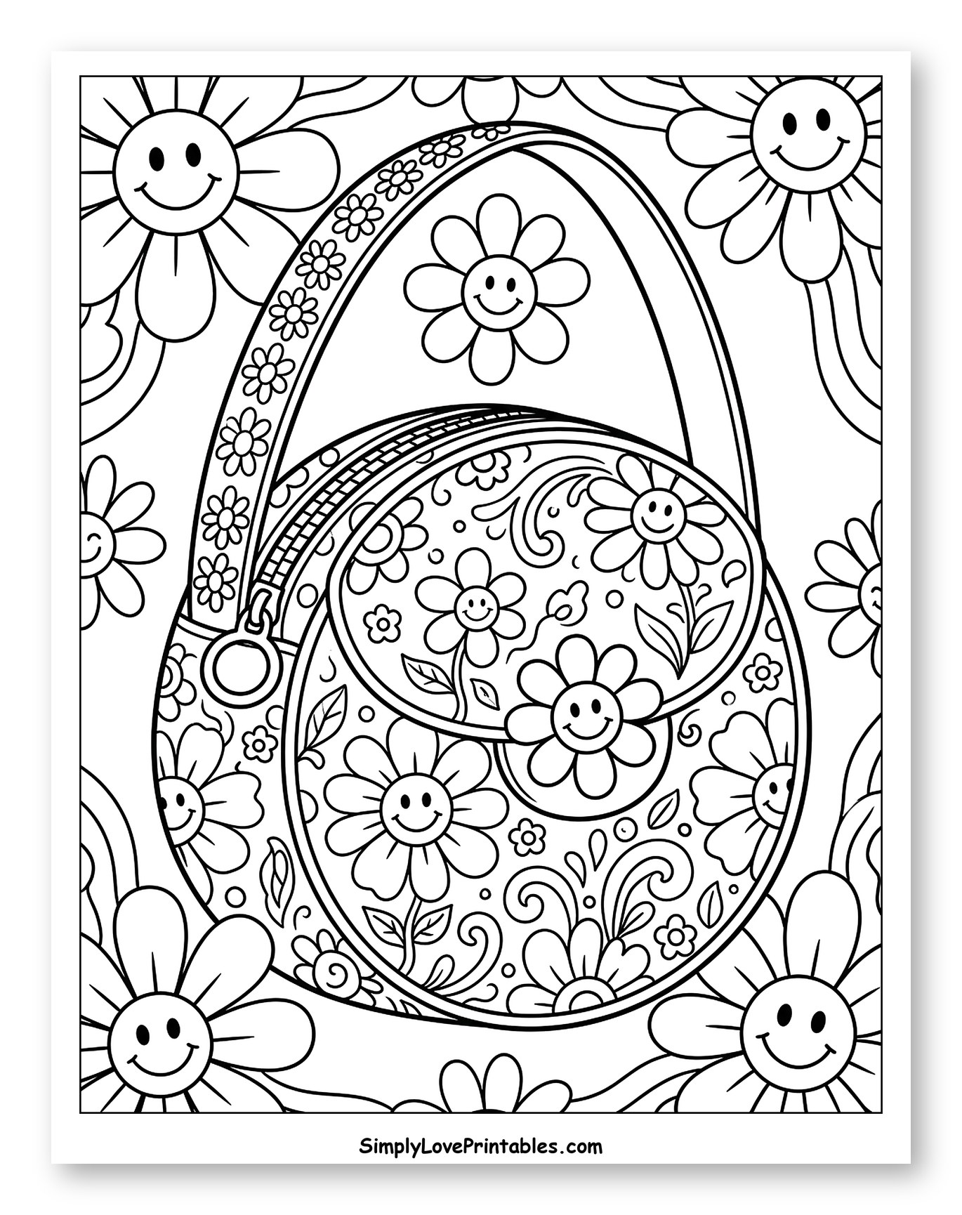Groovy Purse with Happy Flowers Coloring Page for Kids