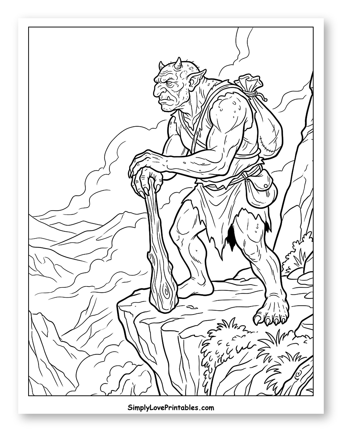 Grumpy Troll with Club on Mountain Cliff Coloring Page