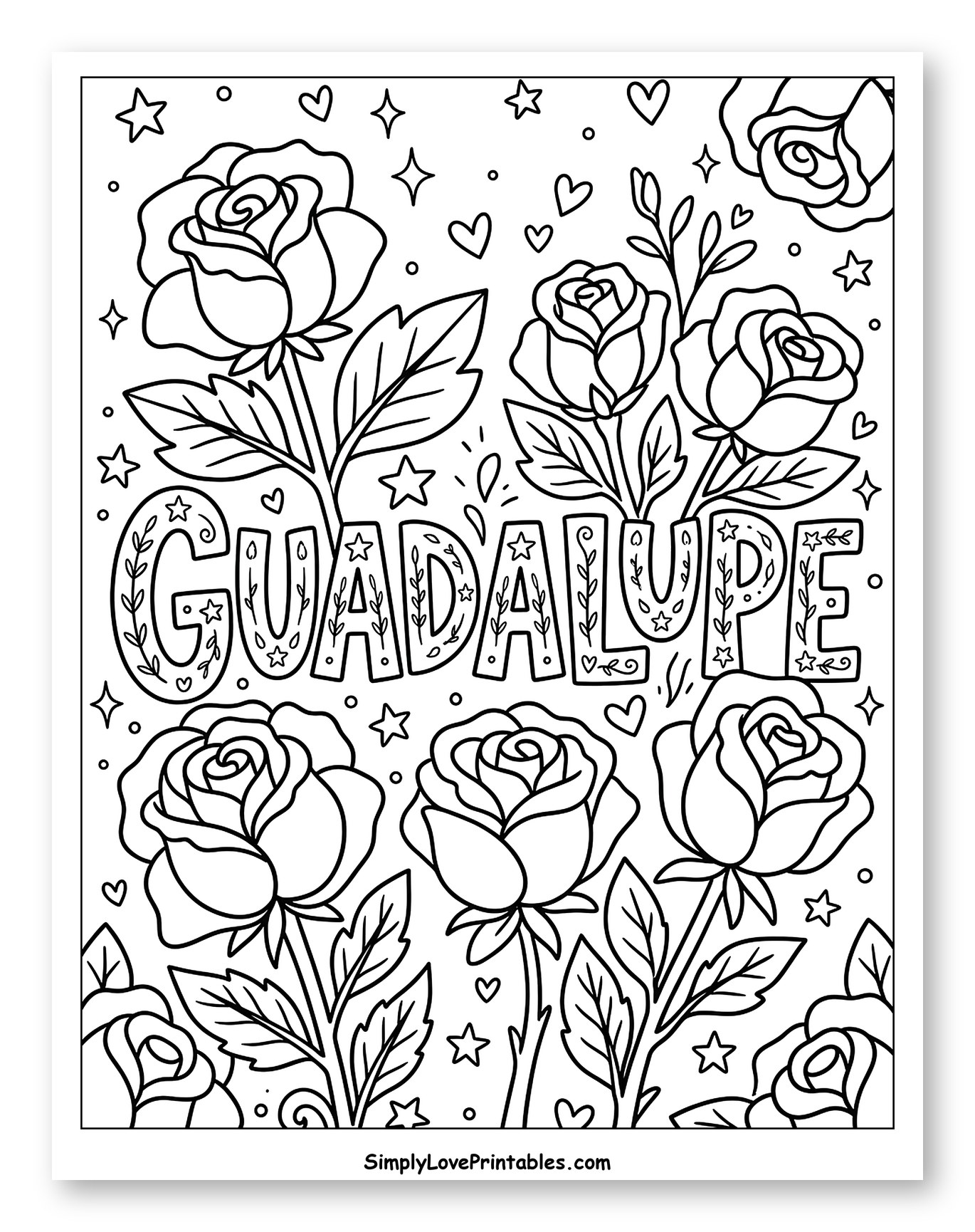 Guadalupe Name Surrounded by Blooming Roses to Color for Adults