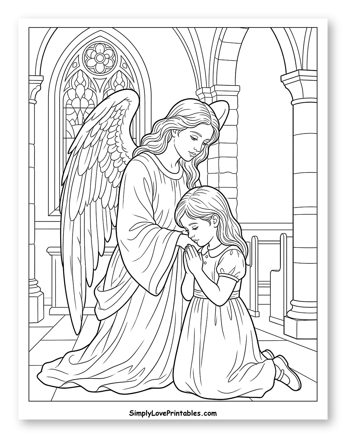 Guardian Angel with Girl Kneeling in Prayer Coloring Page