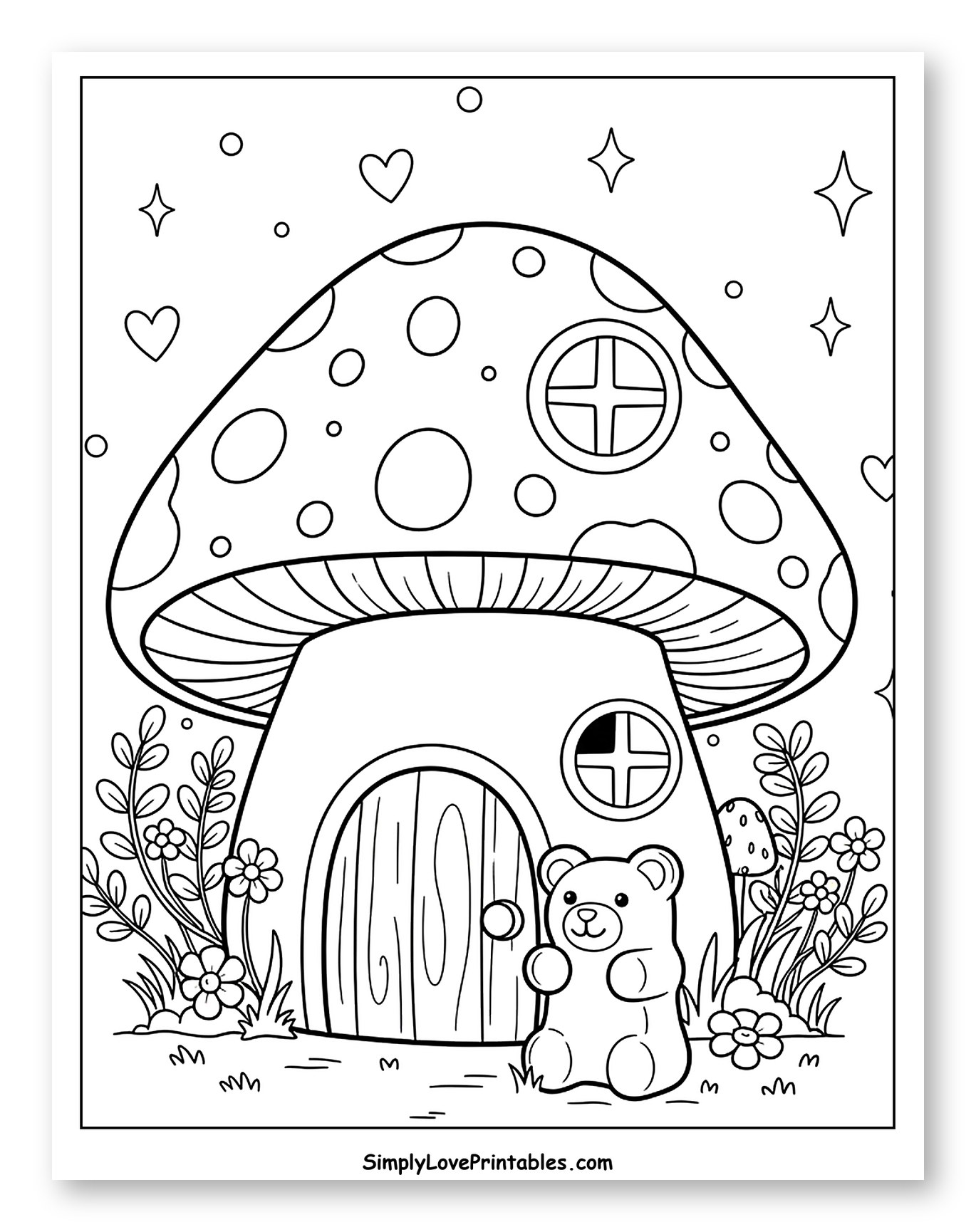 Gummy Bear in front of Mushroom House to Color for Adults
