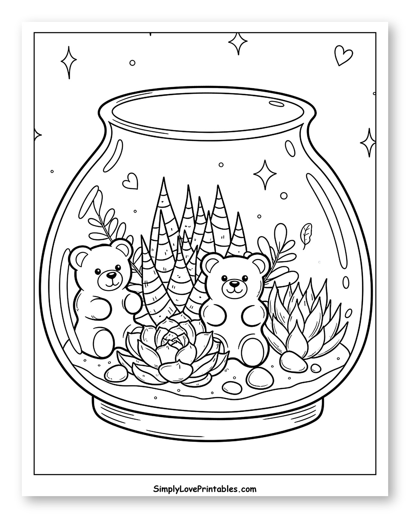 Gummy Bear Terrarium with Succulents and Stars Coloring Page for Adults
