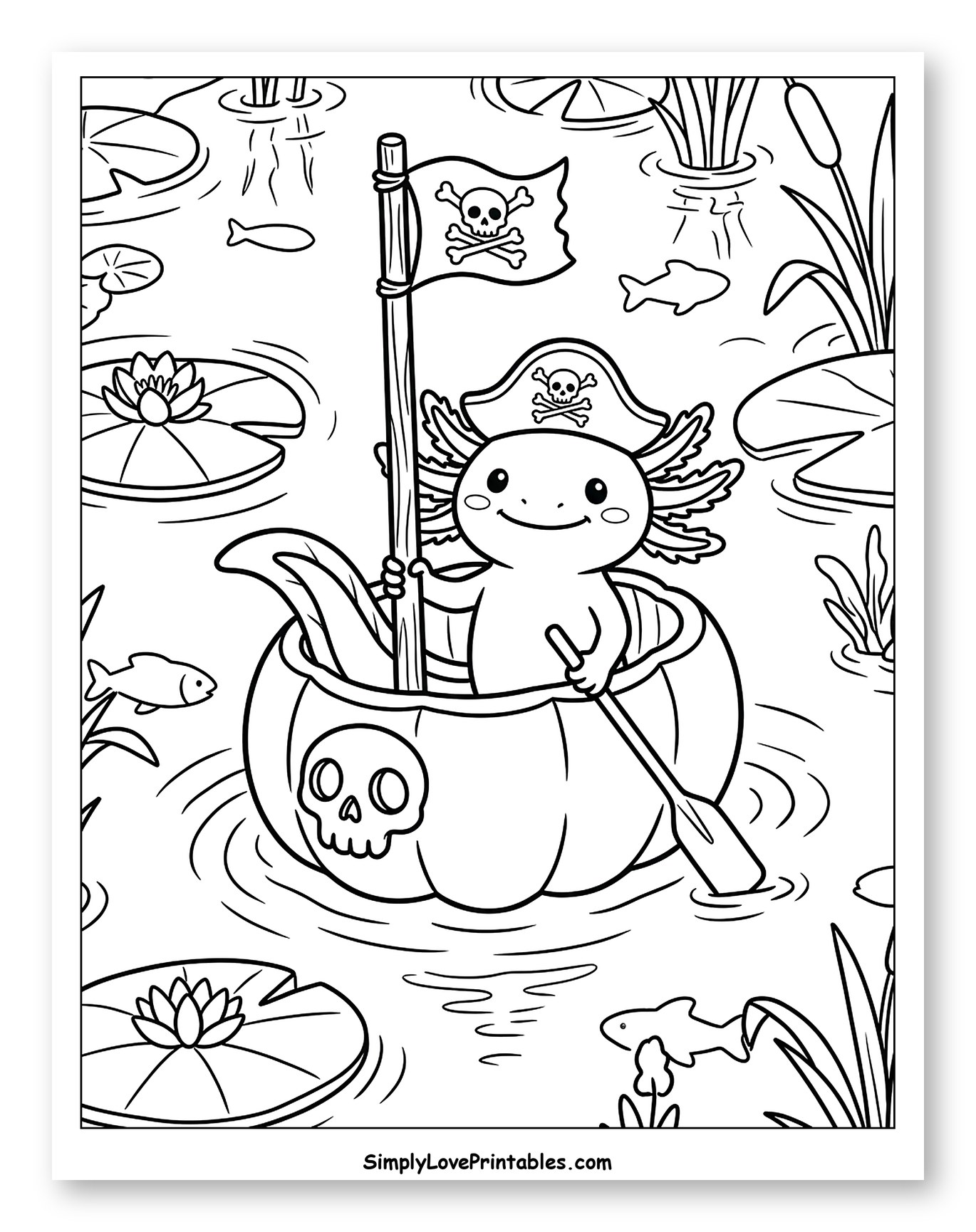 Halloween Axolotl Pirate in a Skull Pumpkin Boat Coloring Sheet for Kids