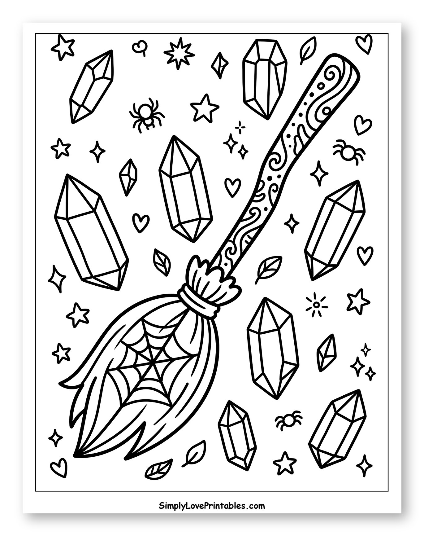 Halloween Broomstick with Crystals and Spiders to Color for Adults