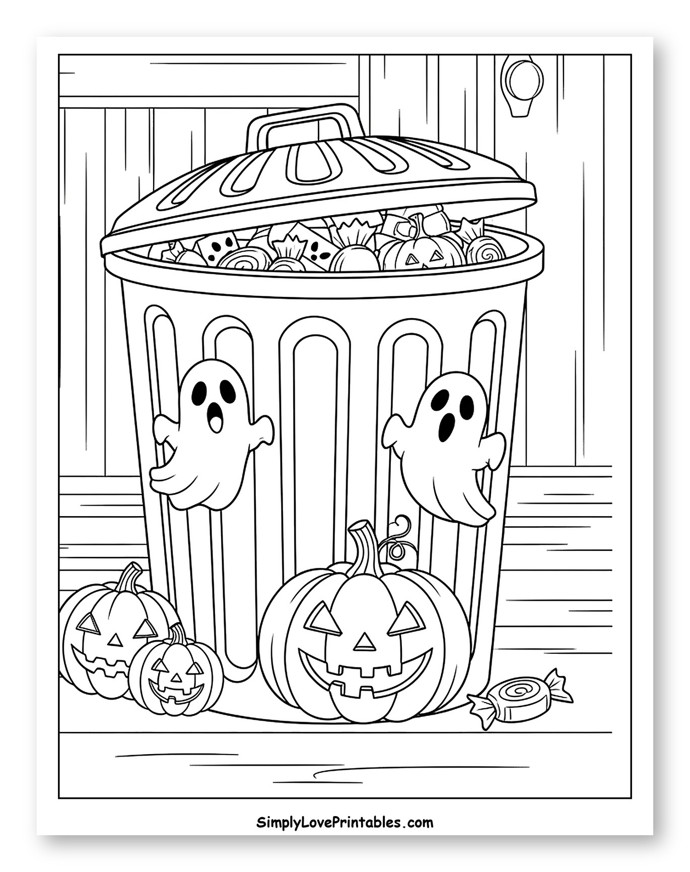 Halloween Candy Overflowing from a Garbage Can to Color for Kids