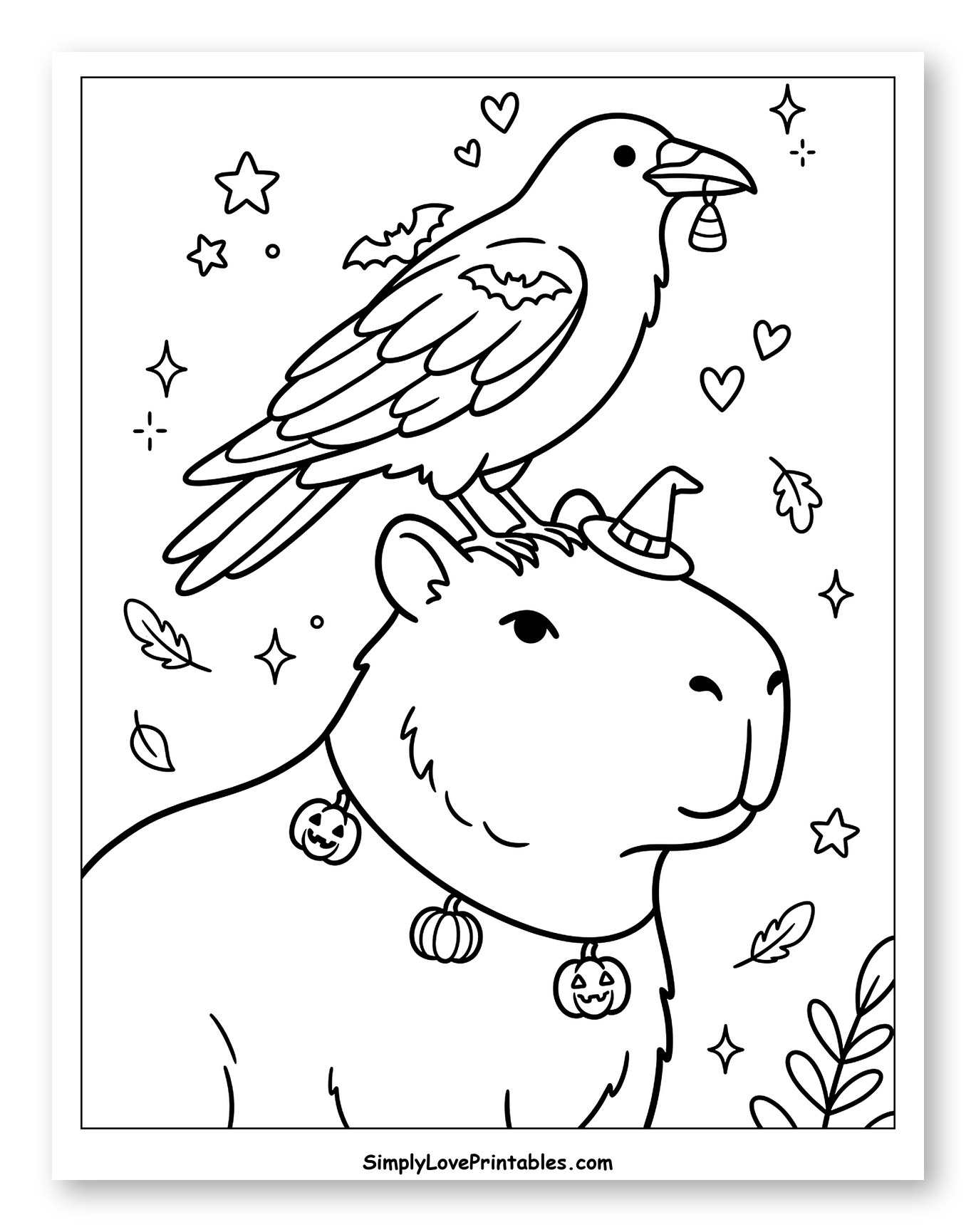 Halloween Capybara and Crow with Bell Coloring Sheet for Adults