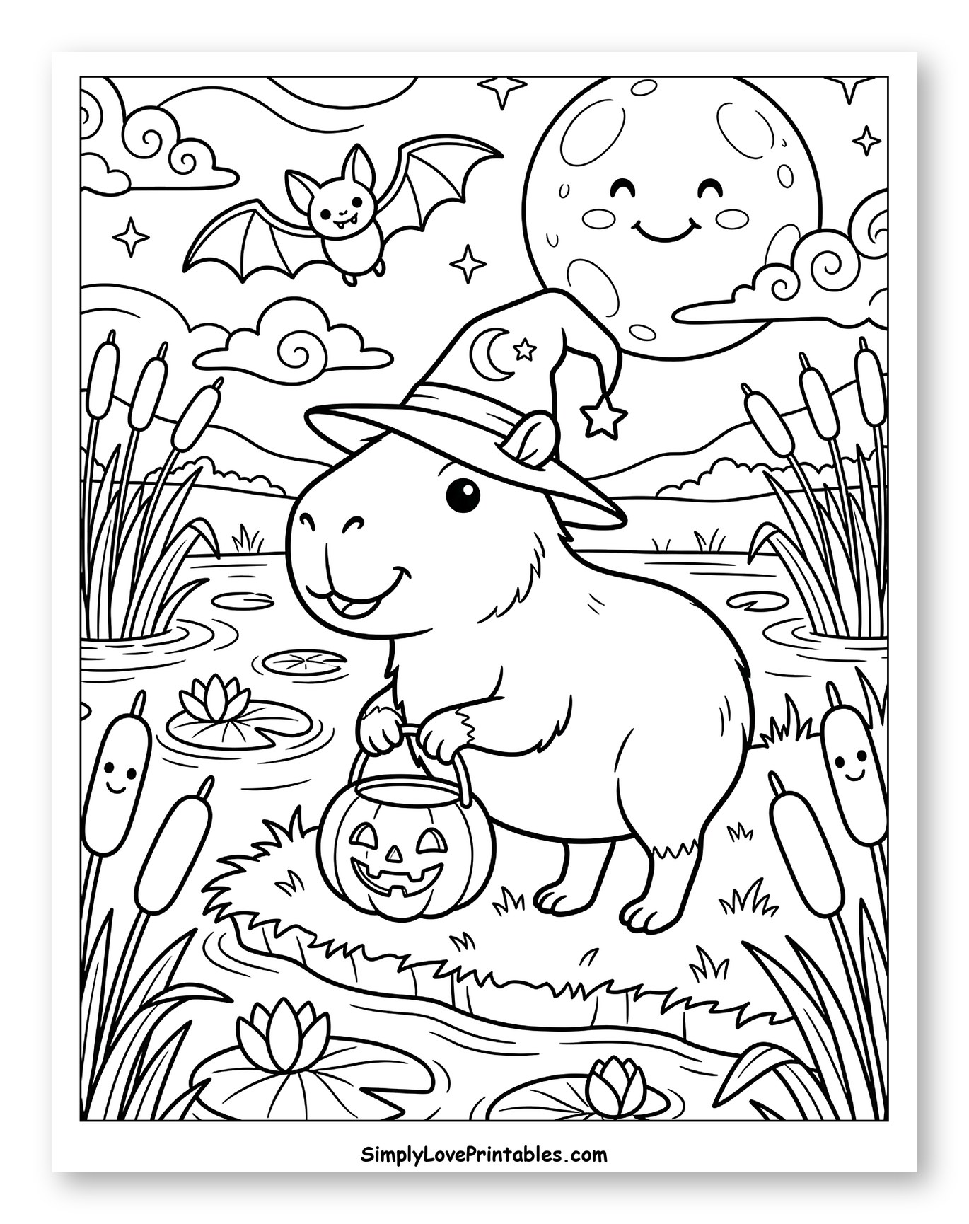 Halloween Capybara Witch with Bat and Moon to Color for Kids