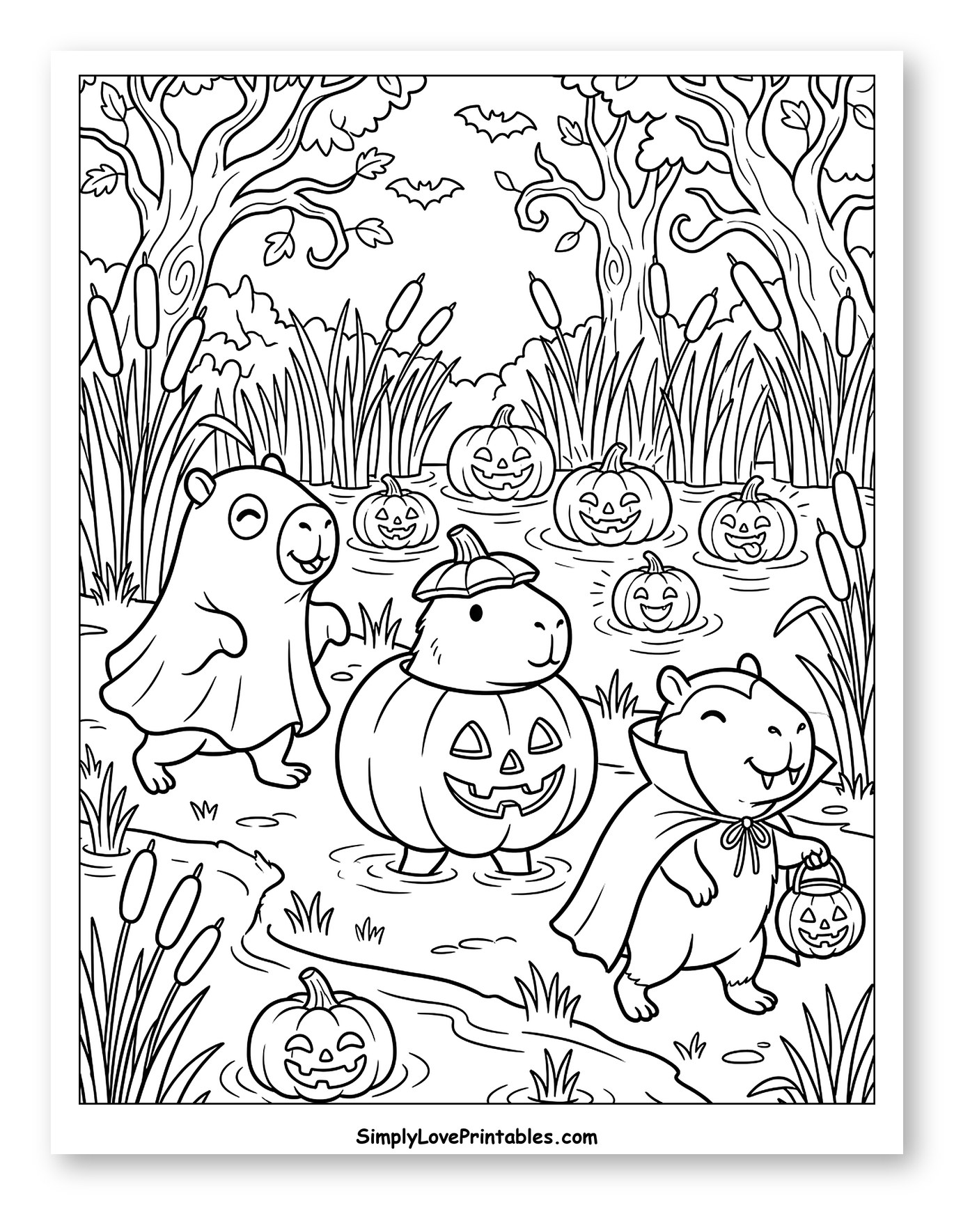 Halloween Capybaras Trick-or-Treating in a Swamp