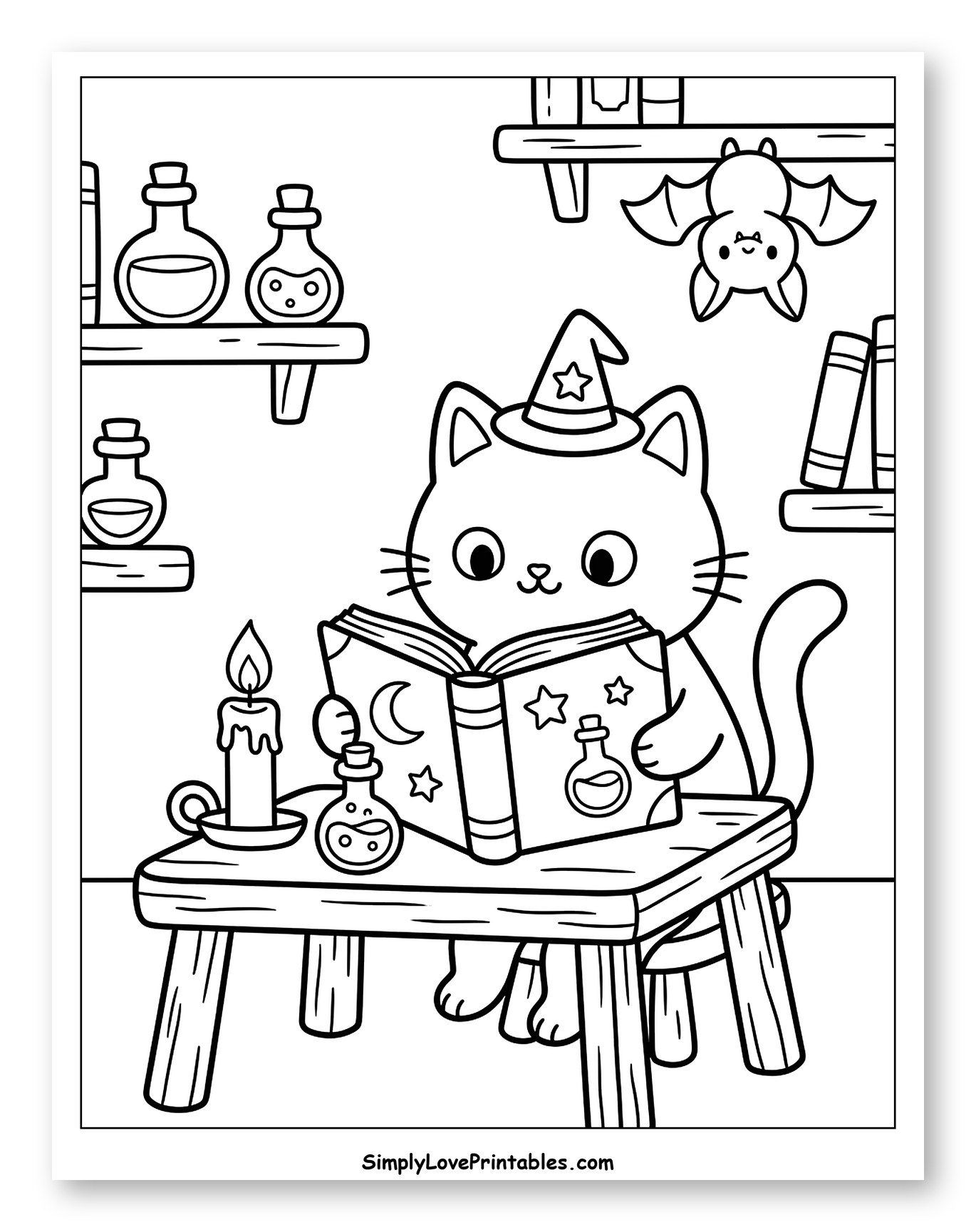Halloween Cat Reading a Magical Book Coloring Sheet for Kids