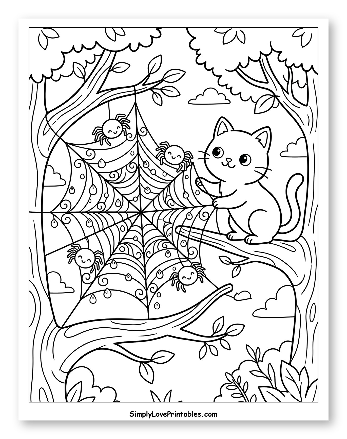 Halloween Cat Watching Friendly Spiders on a Web Coloring Page for Kids