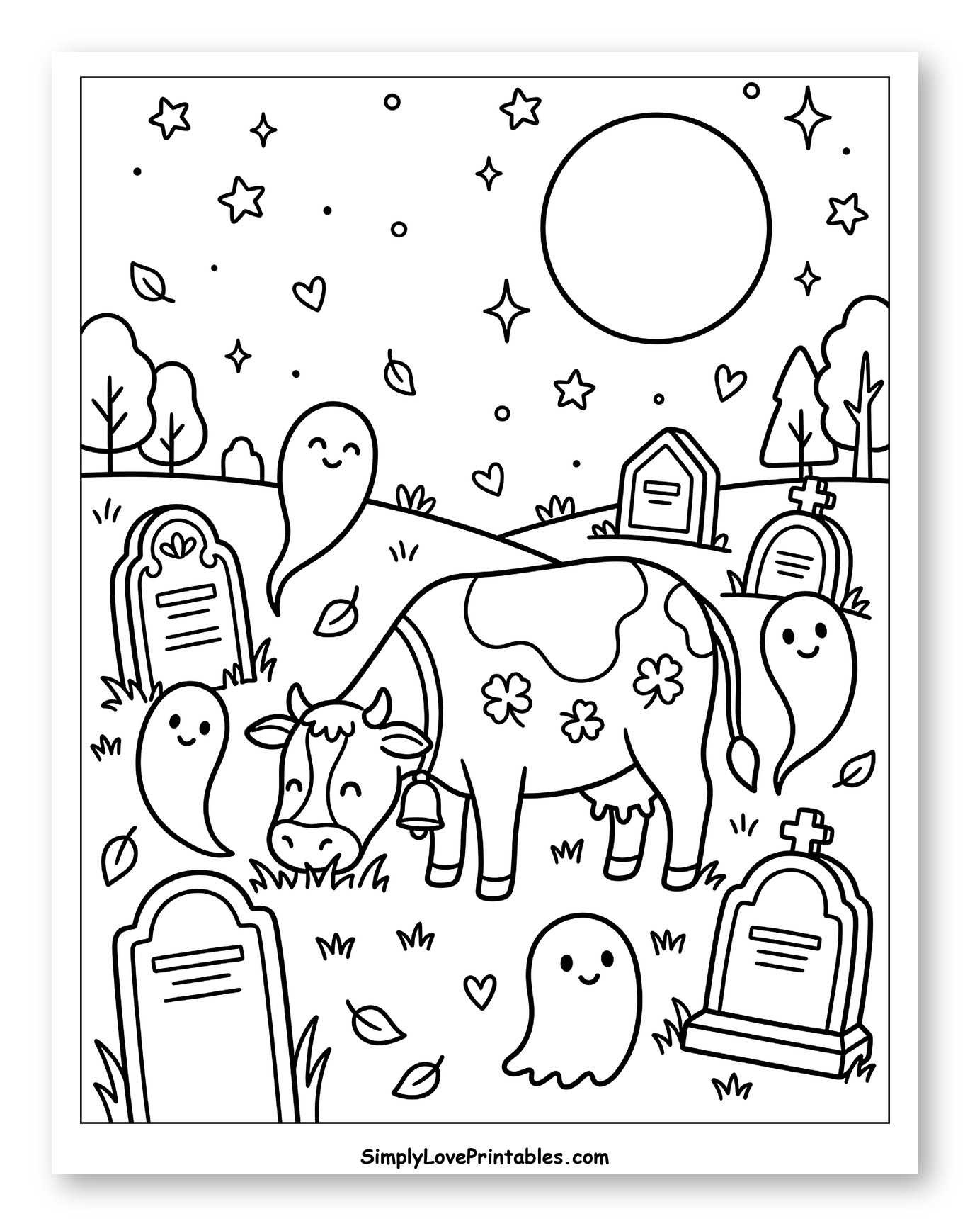 Halloween Cow Grazing in a Spooky Graveyard Coloring Page for Adults