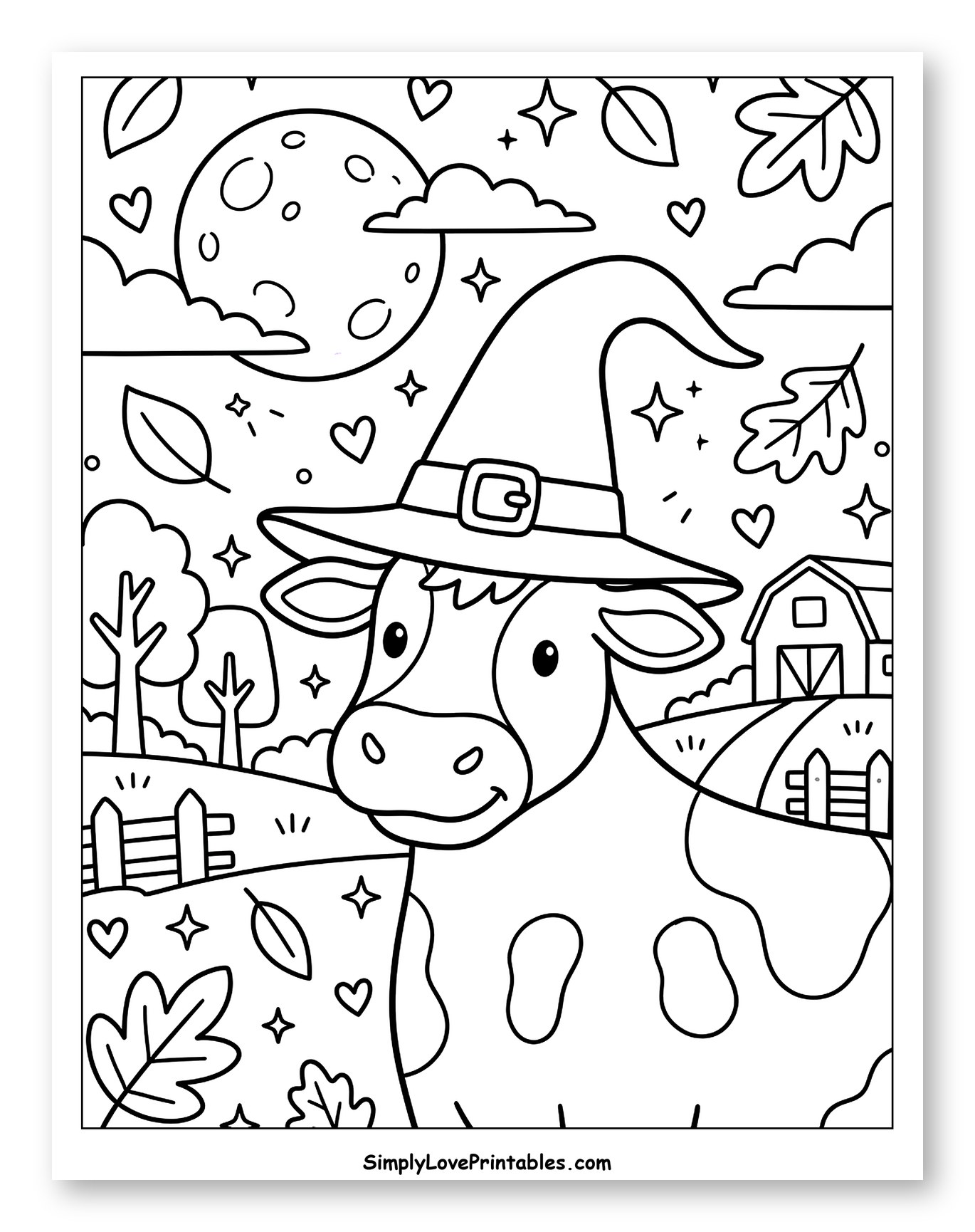 Halloween Cow in a Witch Hat with Fall Leaves